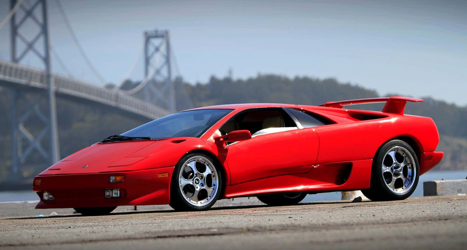 Lamborghini Diablo, vibrant red, roadside, Full HD Desktop Wallpaper