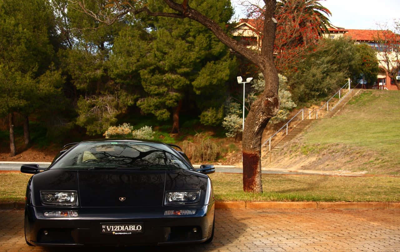 Lamborghini Diablo, black, brick driveway, HD Desktop Wallpaper