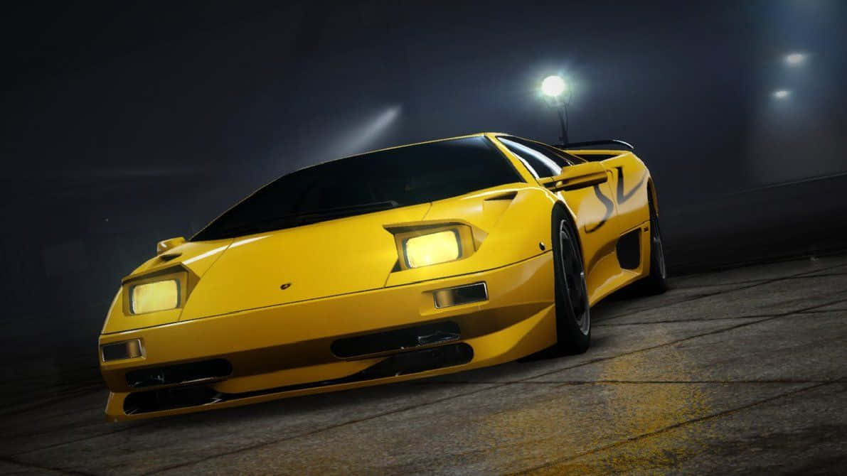 Lamborghini Diablo, vibrant yellow, dramatic spotlight beams, SD Desktop Wallpaper