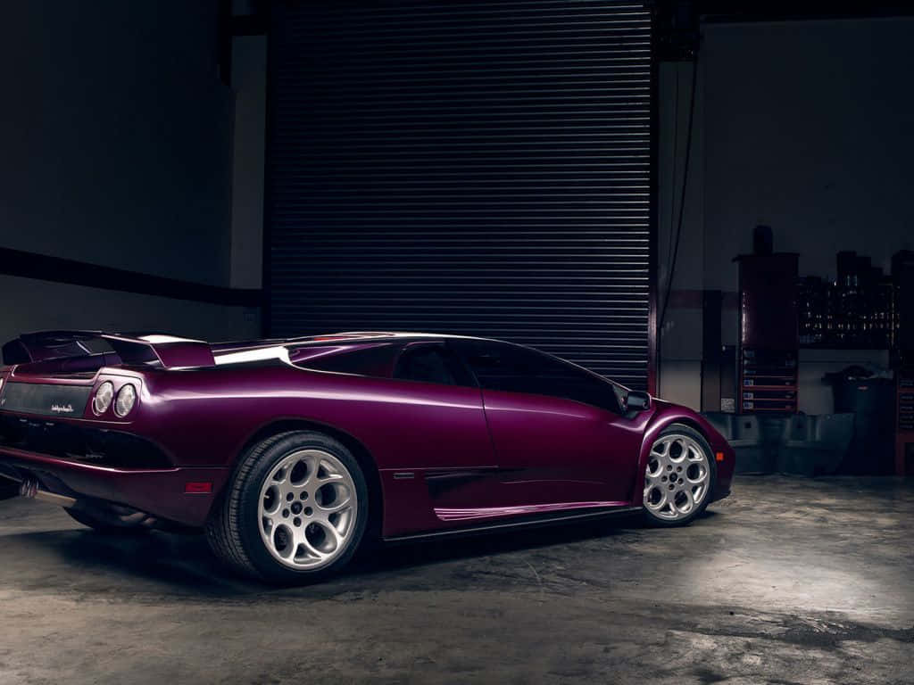 Lamborghini Diablo, glossy purple, dimly lit garage, SD Desktop Wallpaper