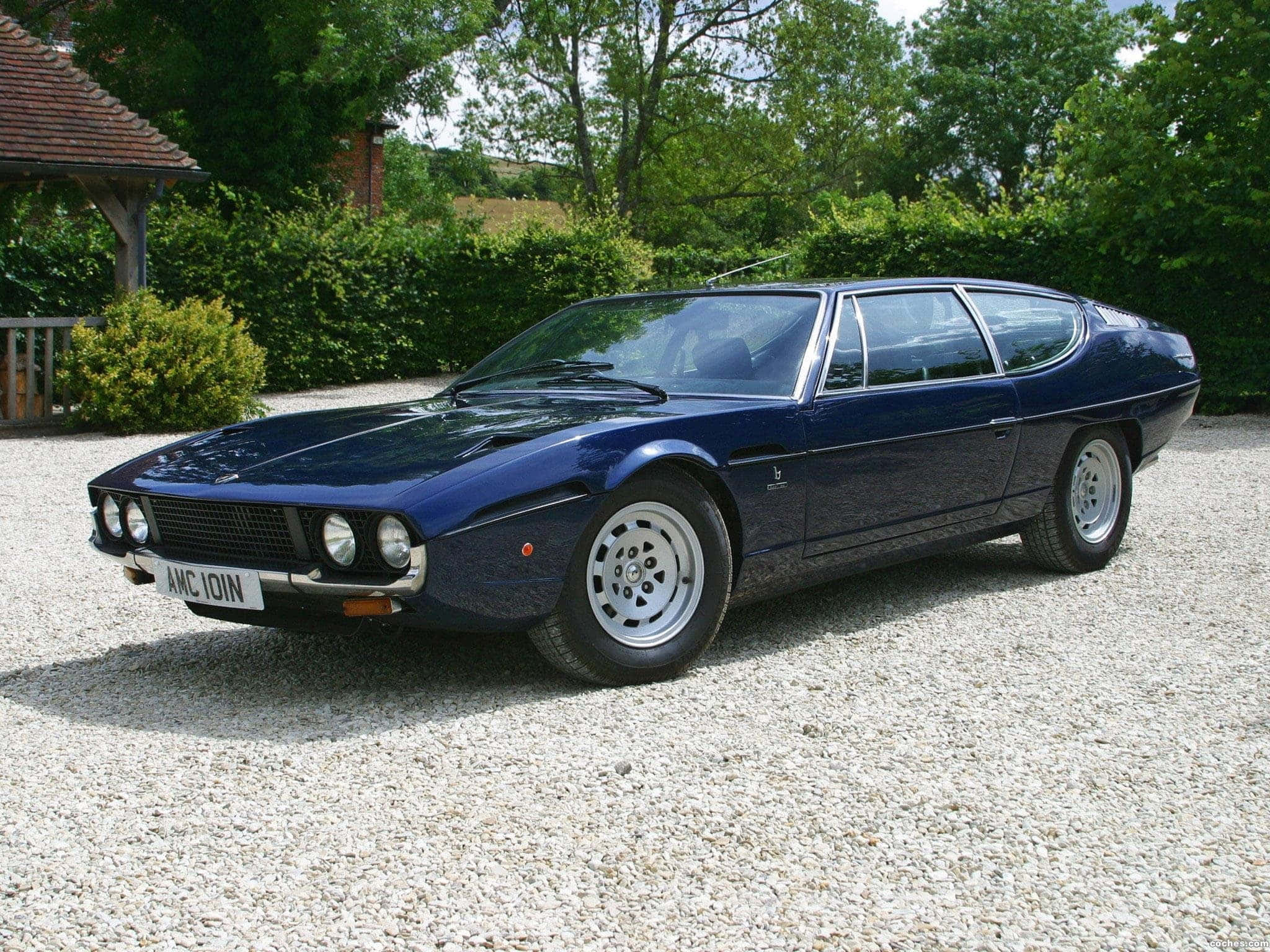 Lamborghini Espada, deep blue, gravel driveway, Full HD Desktop Wallpaper