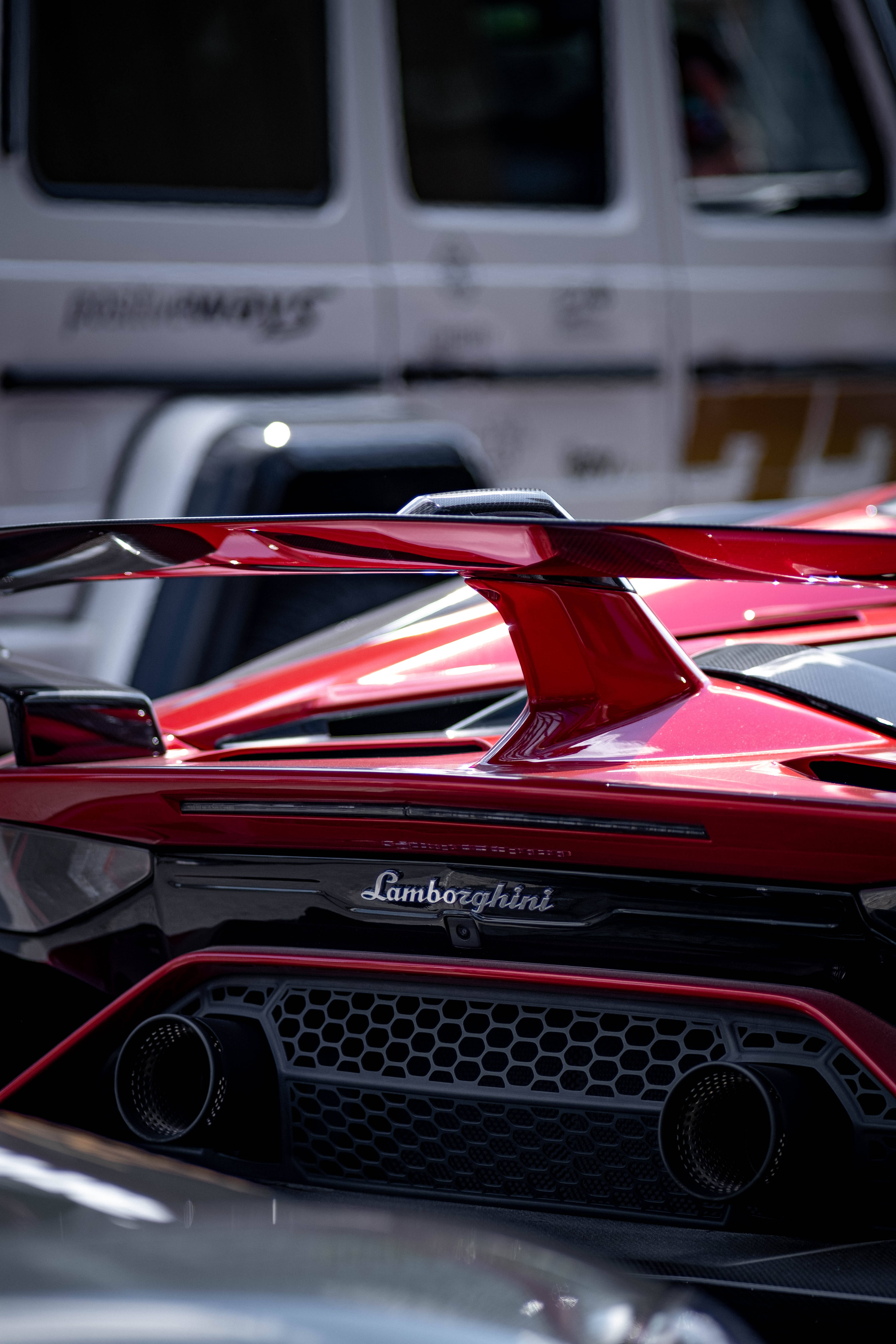 red Lamborghini Galaxy, rear wing, exhaust grille, 5K Phone Wallpaper