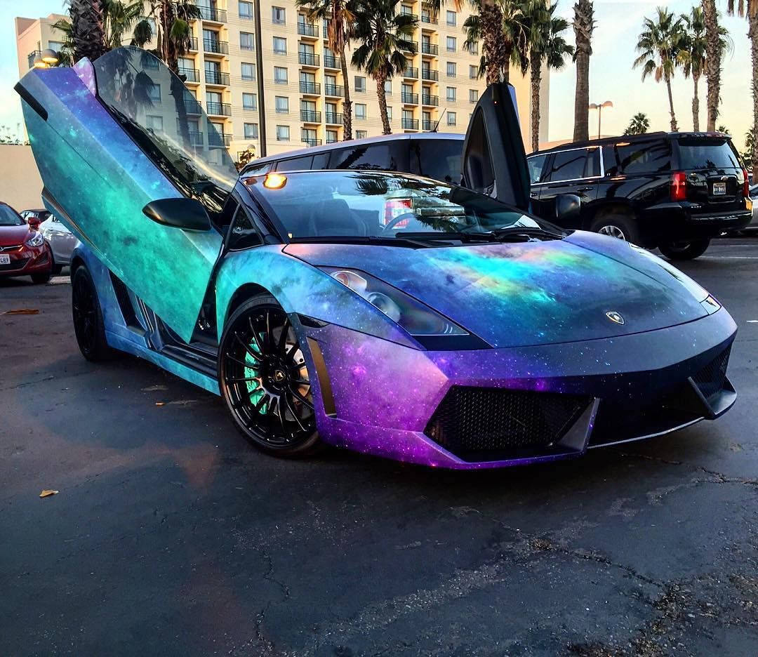 Lamborghini Galaxy, vibrant galaxy wrap, palm trees, SD Desktop Wallpaper