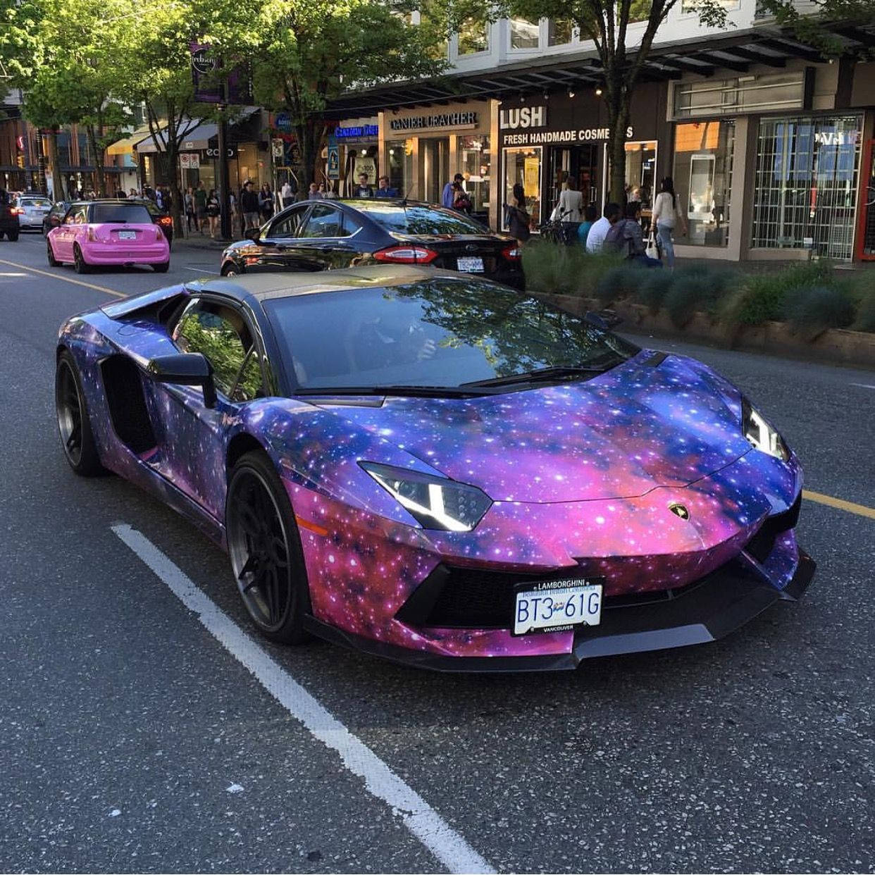 Lamborghini Galaxy, vibrant galaxy wrap, tree-lined urban street, SD Desktop Wallpaper