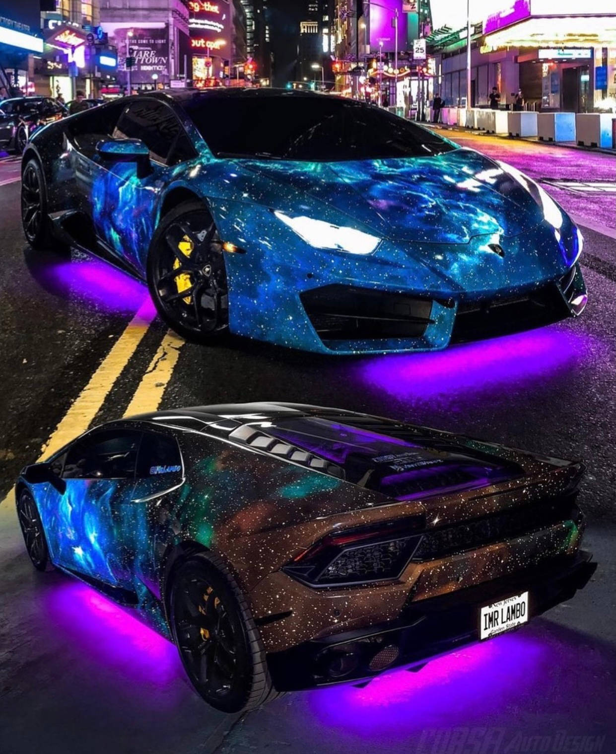 Lamborghini Galaxy, blue and purple lights, neon-lit city street, HD Phone Wallpaper
