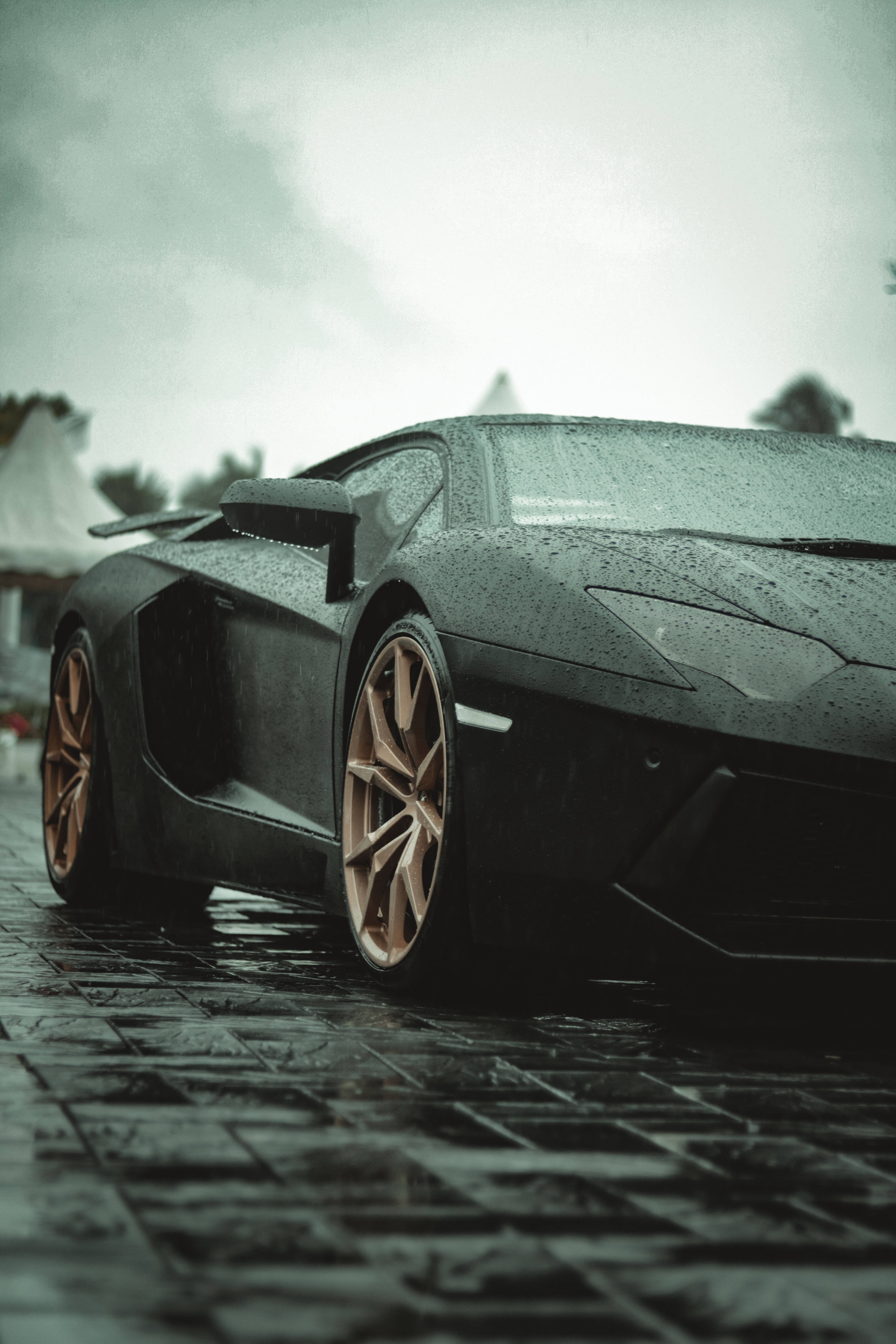 Lamborghini Galaxy, matte black, gold rims, 5K Phone Wallpaper
