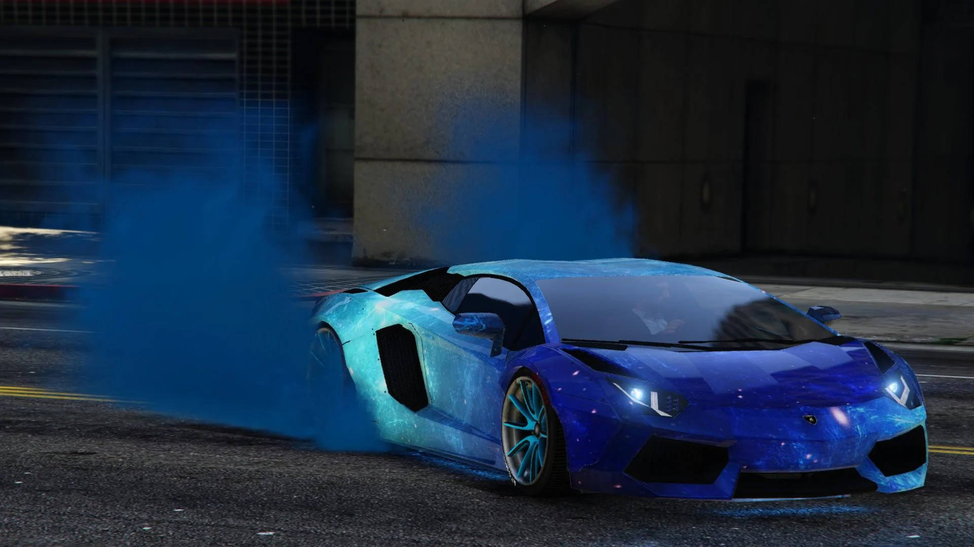 Lamborghini Galaxy, glowing blue sports car, vibrant blue smoke, Full HD Desktop Wallpaper