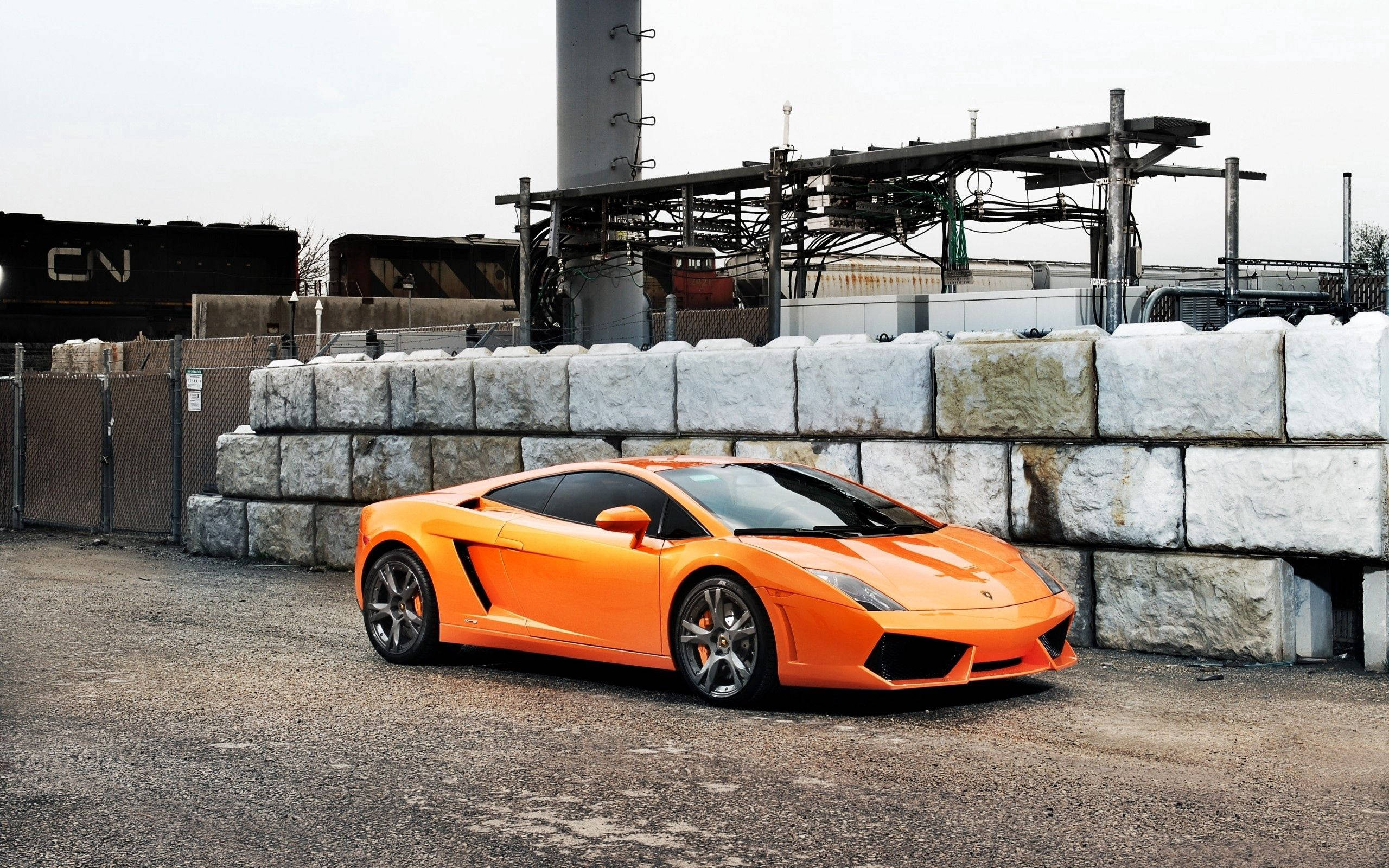 Lamborghini Gallardo, orange, industrial yard, 2K Desktop Wallpaper