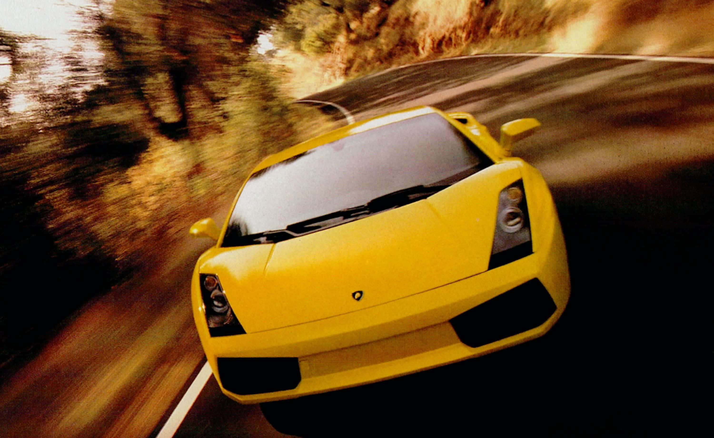 Lamborghini Gallardo, vibrant yellow, winding forest road, 2K Desktop Wallpaper