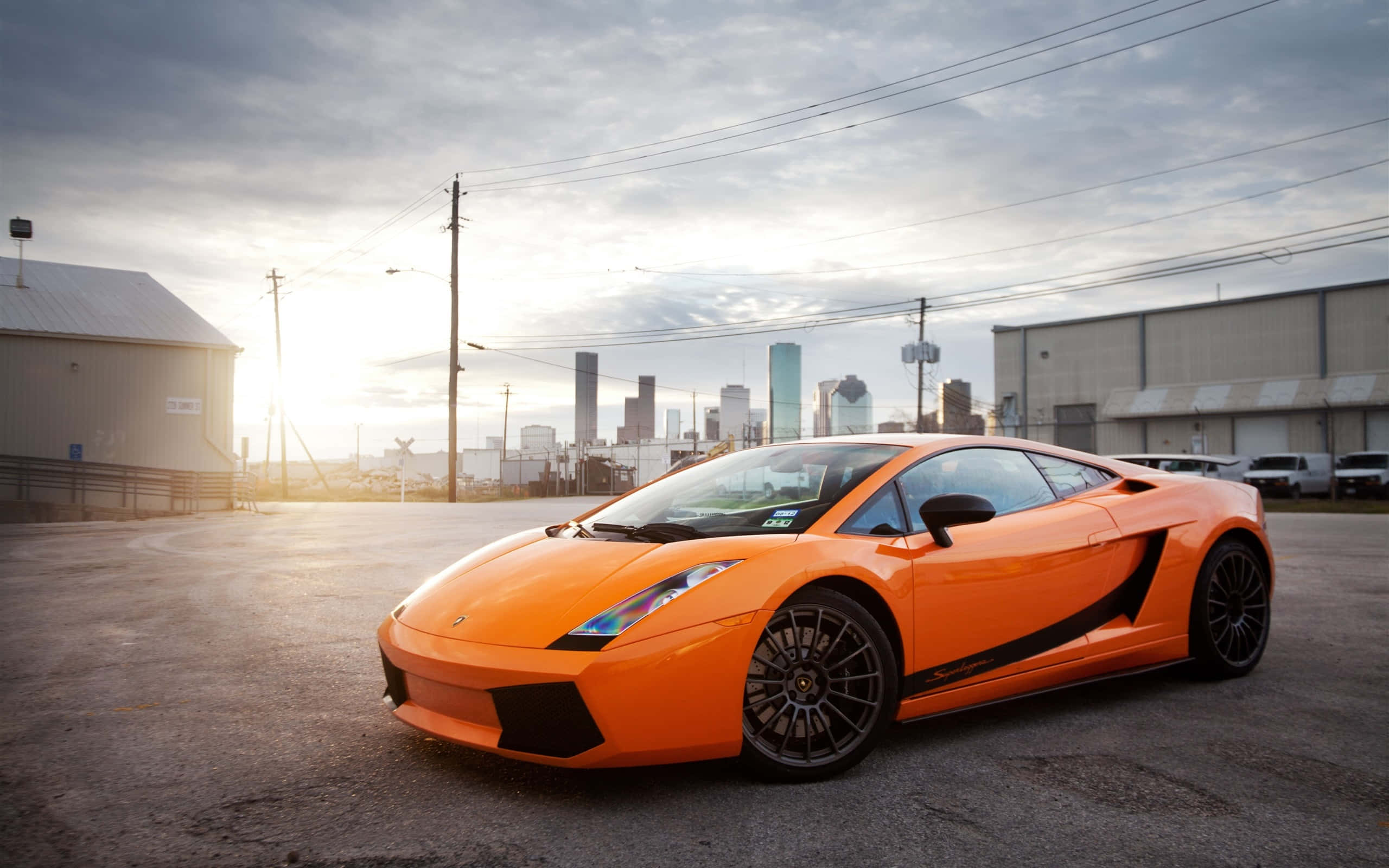 Lamborghini Gallardo, vibrant orange, industrial lot, 2K Desktop Wallpaper