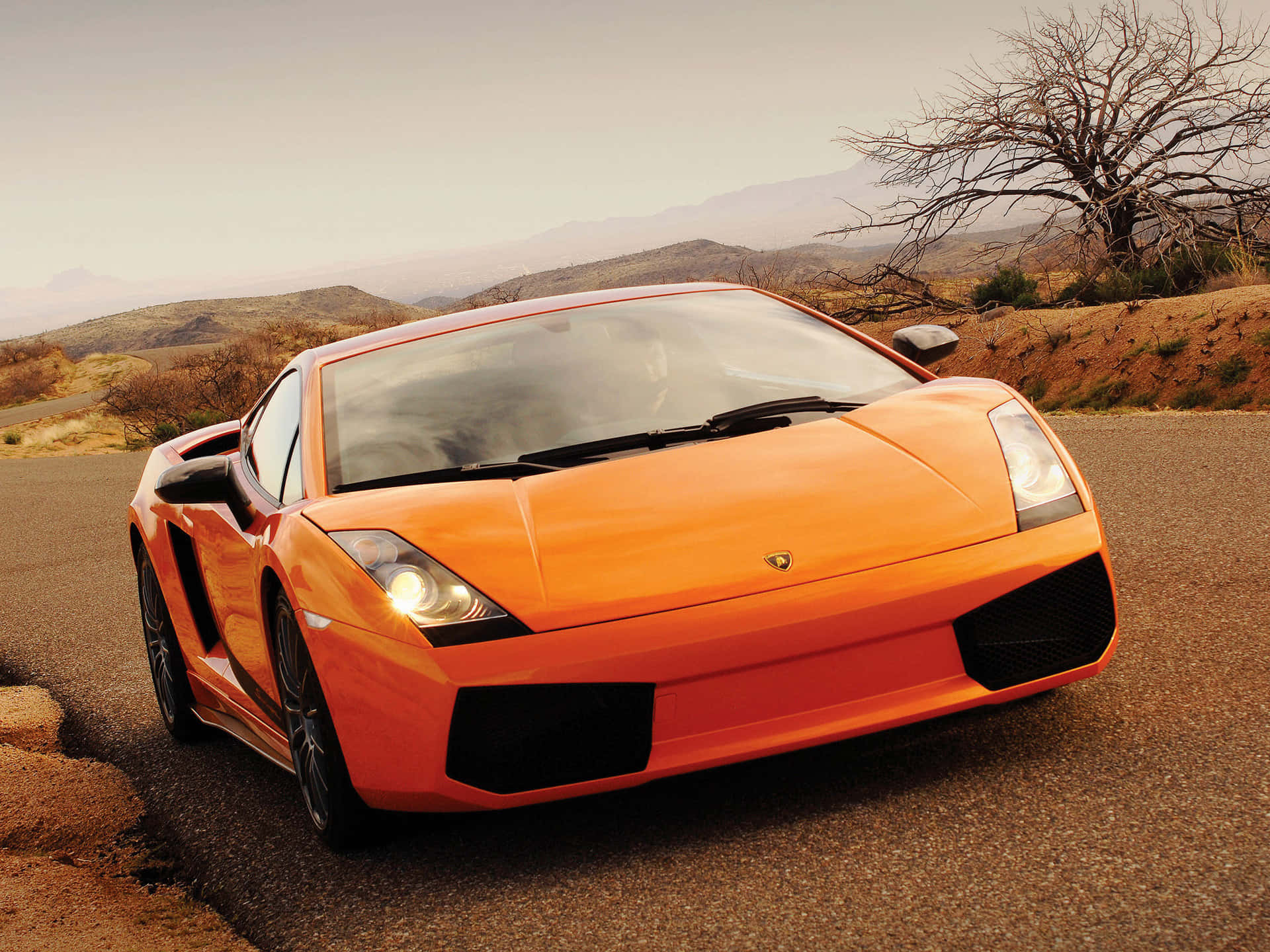 Lamborghini Gallardo, desert road, mountains, Full HD Desktop Wallpaper