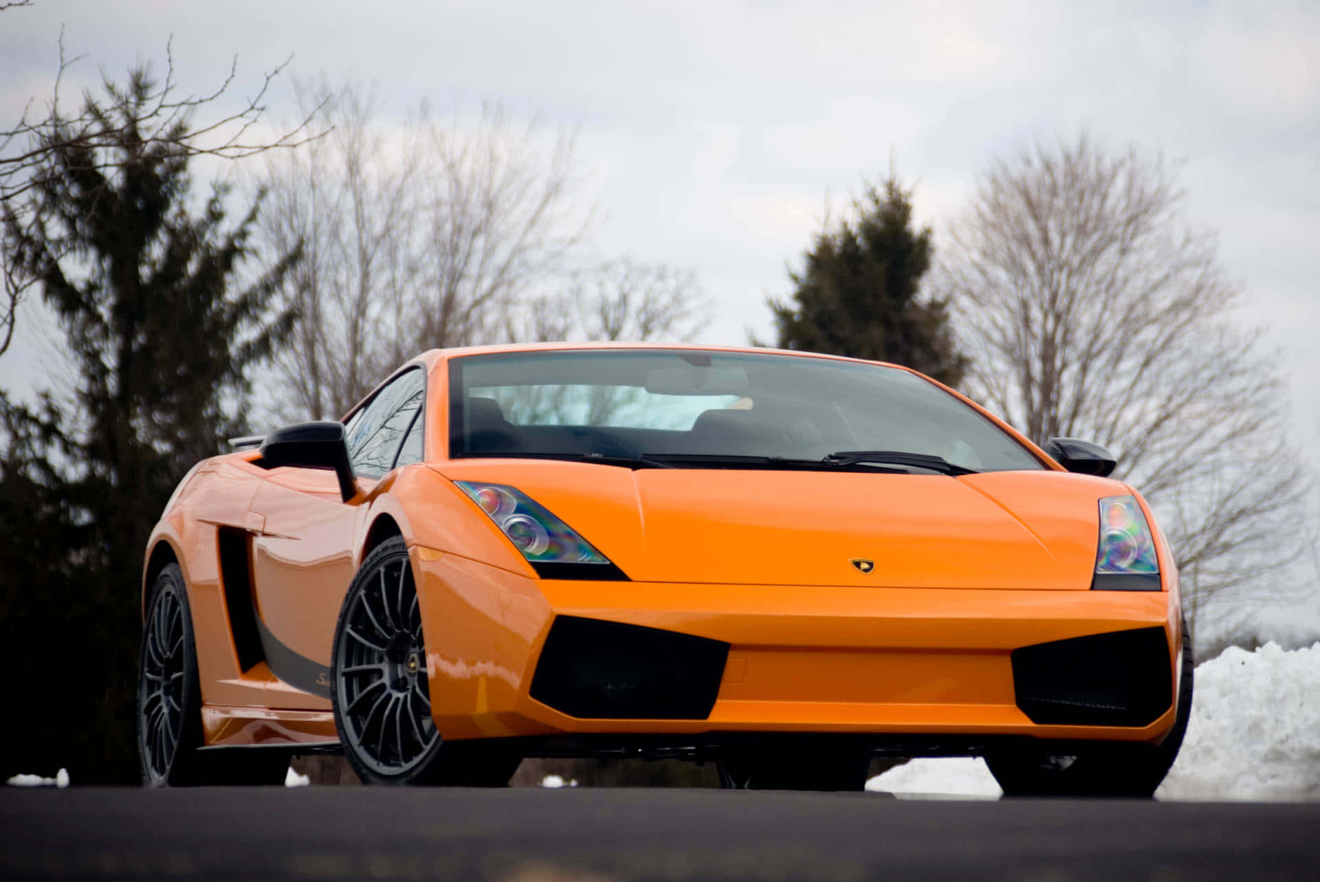Lamborghini Gallardo, vibrant orange, snowy road, Full HD Desktop Wallpaper