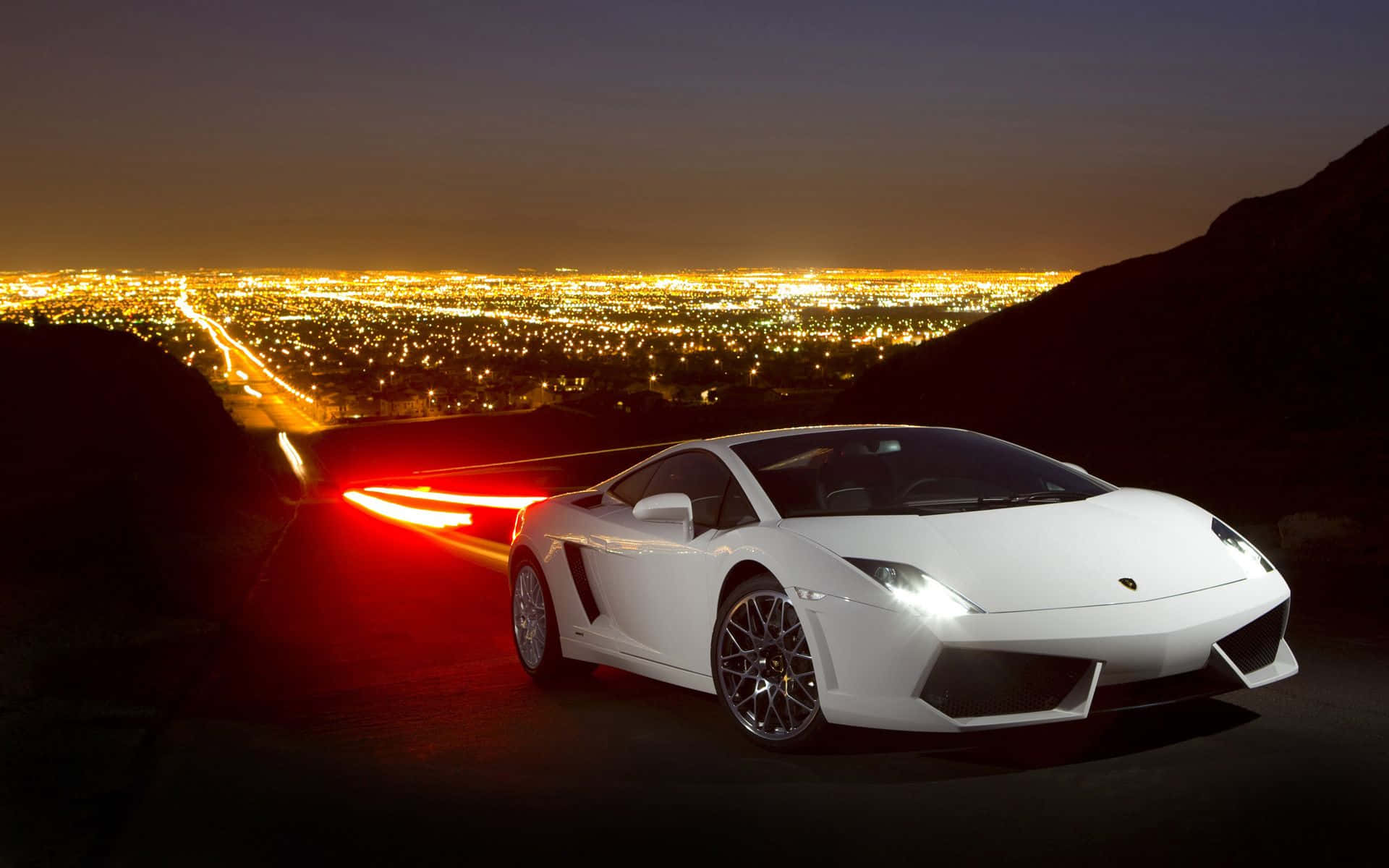 Lamborghini Gallardo, white, glowing red taillights, Full HD Desktop Wallpaper