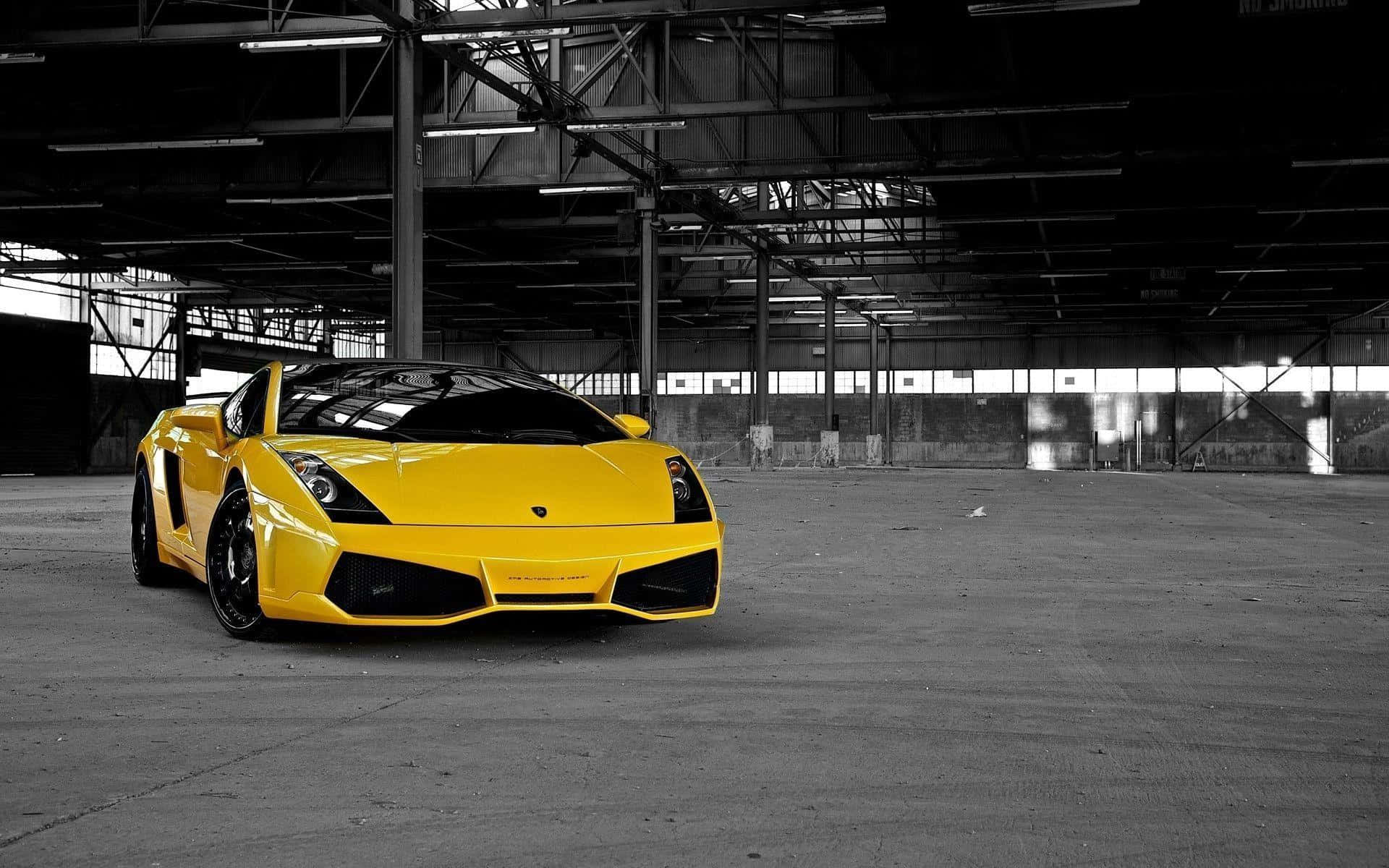 Lamborghini Gallardo, vibrant yellow, black and white industrial warehouse, Full HD Desktop Wallpaper