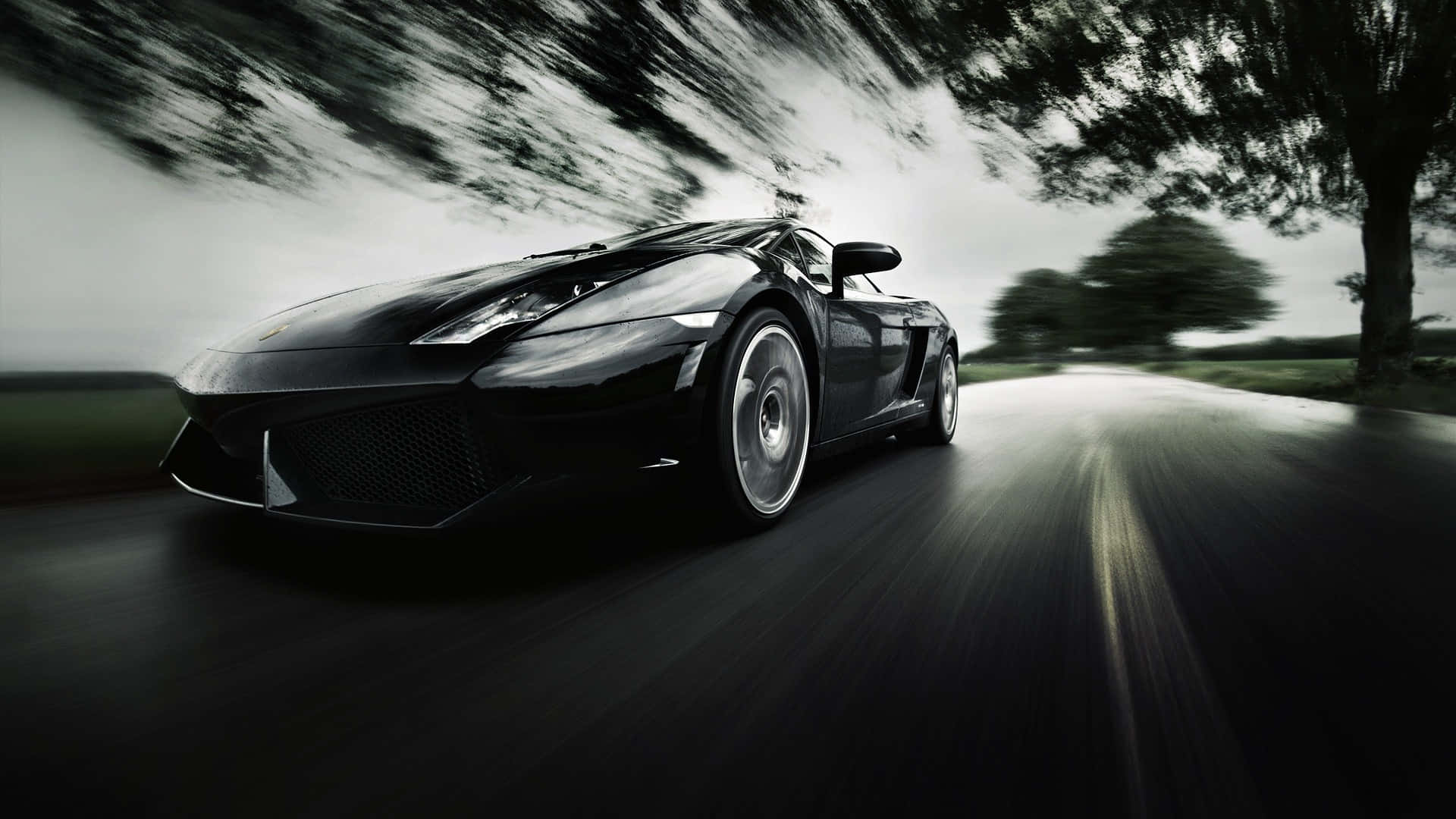 Lamborghini Gallardo, sleek black sports car, wet road, Full HD Desktop Wallpaper