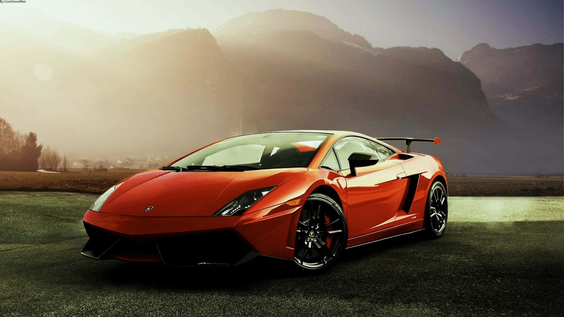 Lamborghini Gallardo, vibrant red, golden sunrise, Full HD Desktop Wallpaper