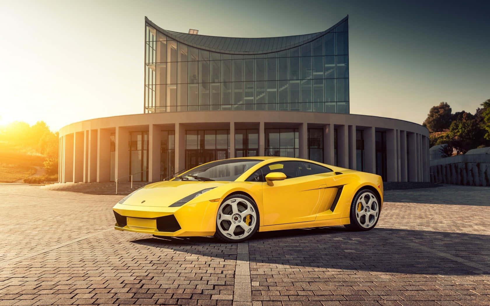 Lamborghini Gallardo, vibrant yellow, sunlit brick plaza, HD Desktop Wallpaper