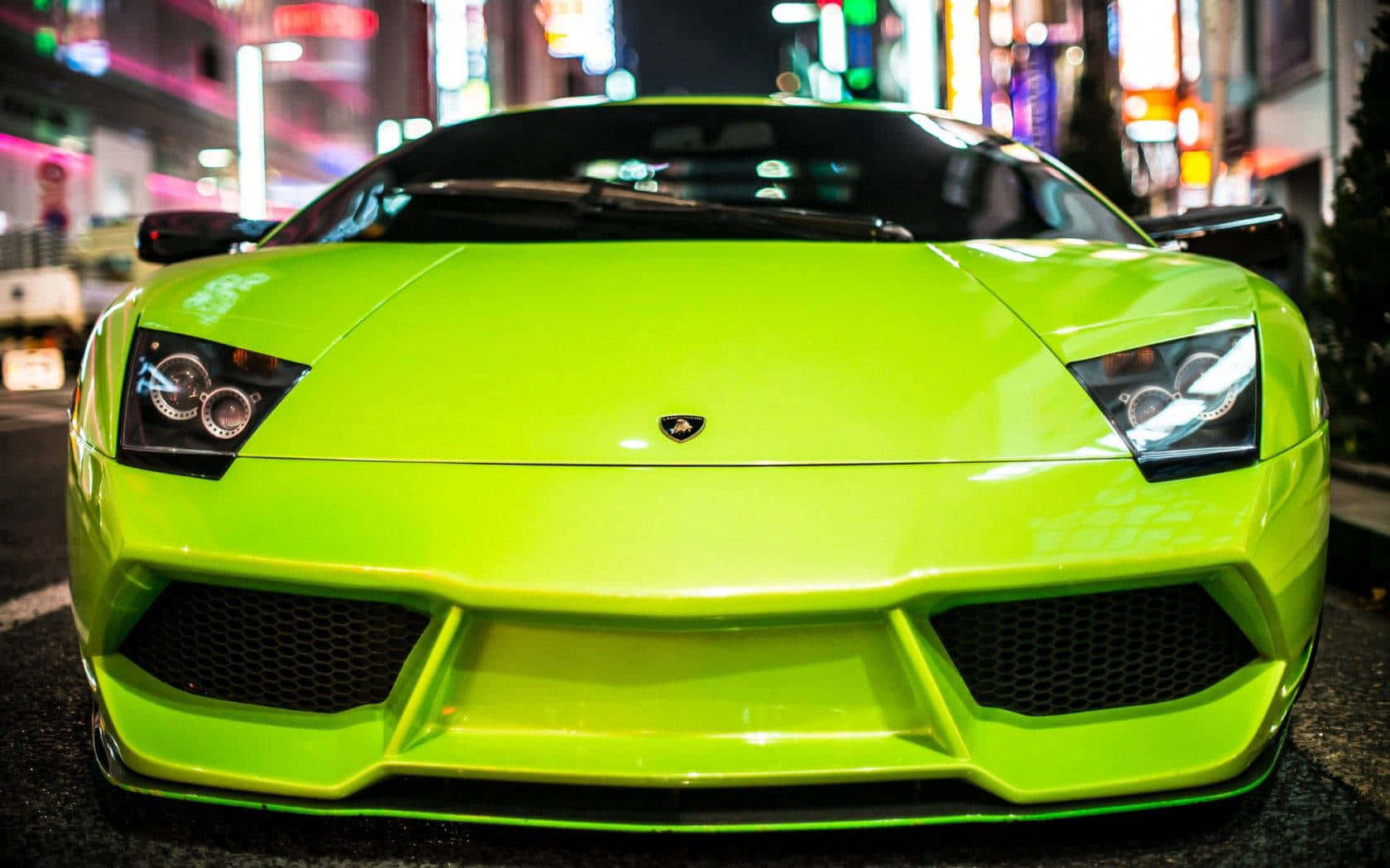Lamborghini Gallardo, neon green, vibrant city lights, HD Desktop Wallpaper