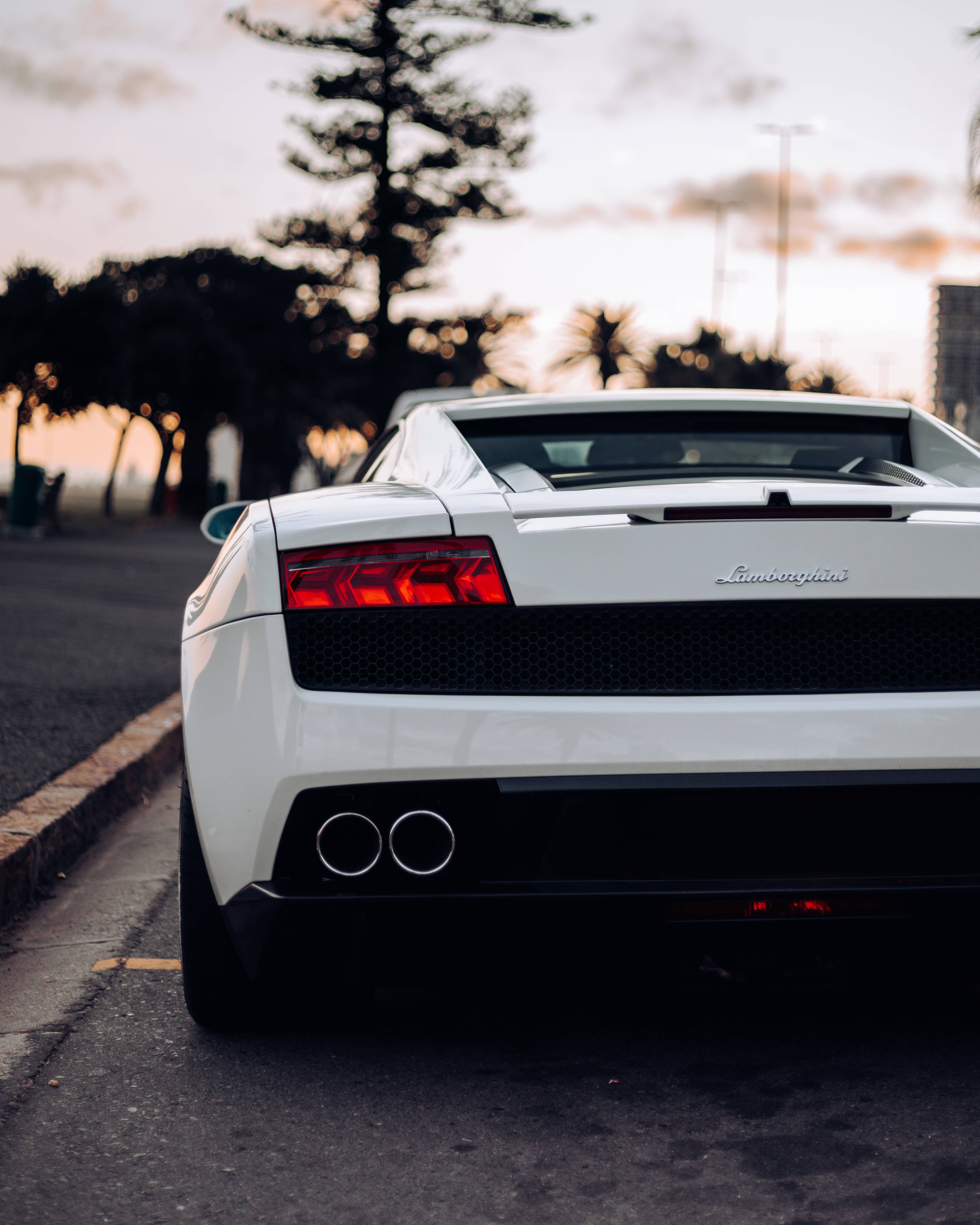 Lamborghini Gallardo, white, sunset, 4K Phone Wallpaper