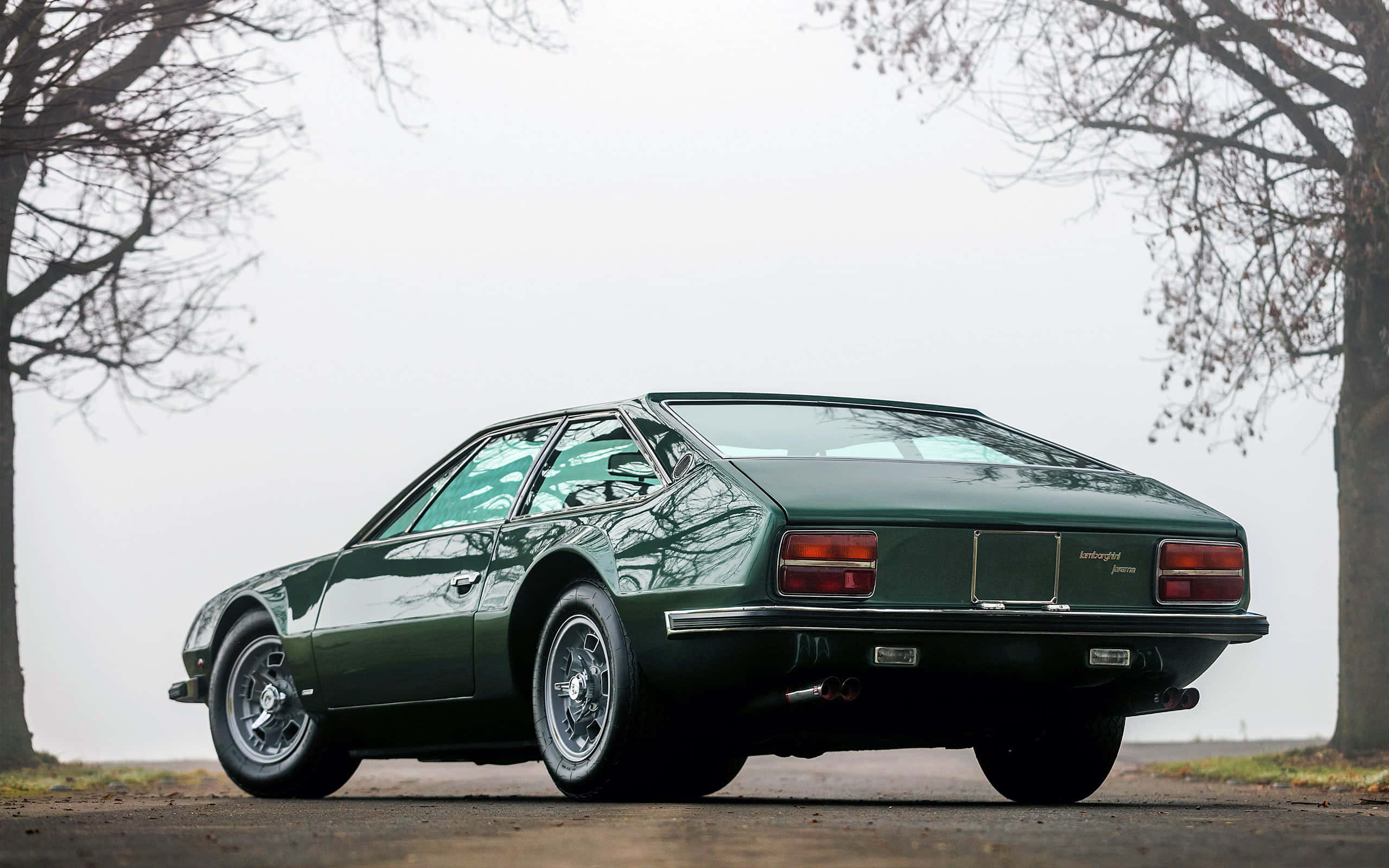 Lamborghini Jarama, dark green, misty road, 2K Desktop Wallpaper