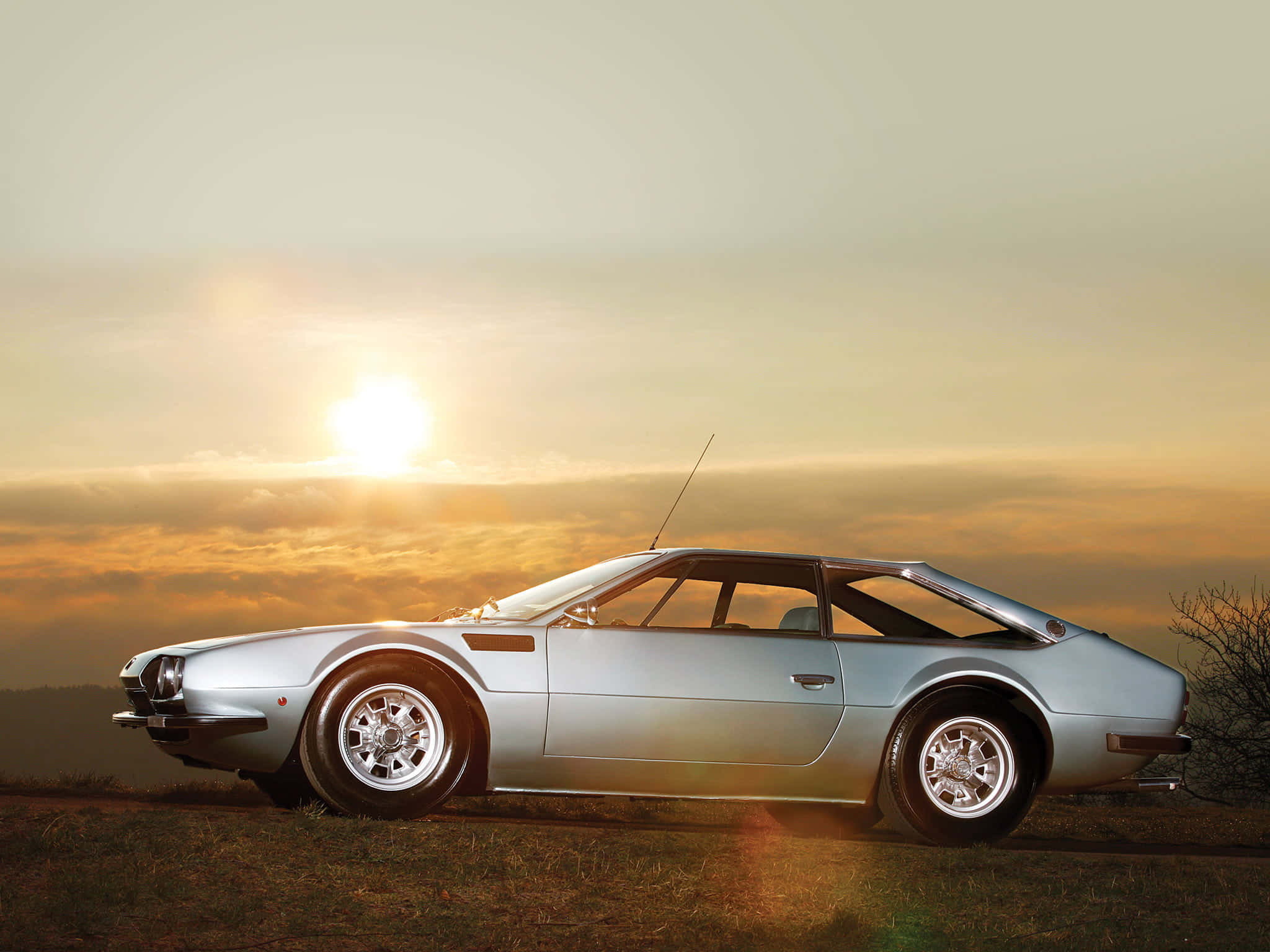 Lamborghini Jarama, silver, sunset, Full HD Desktop Wallpaper