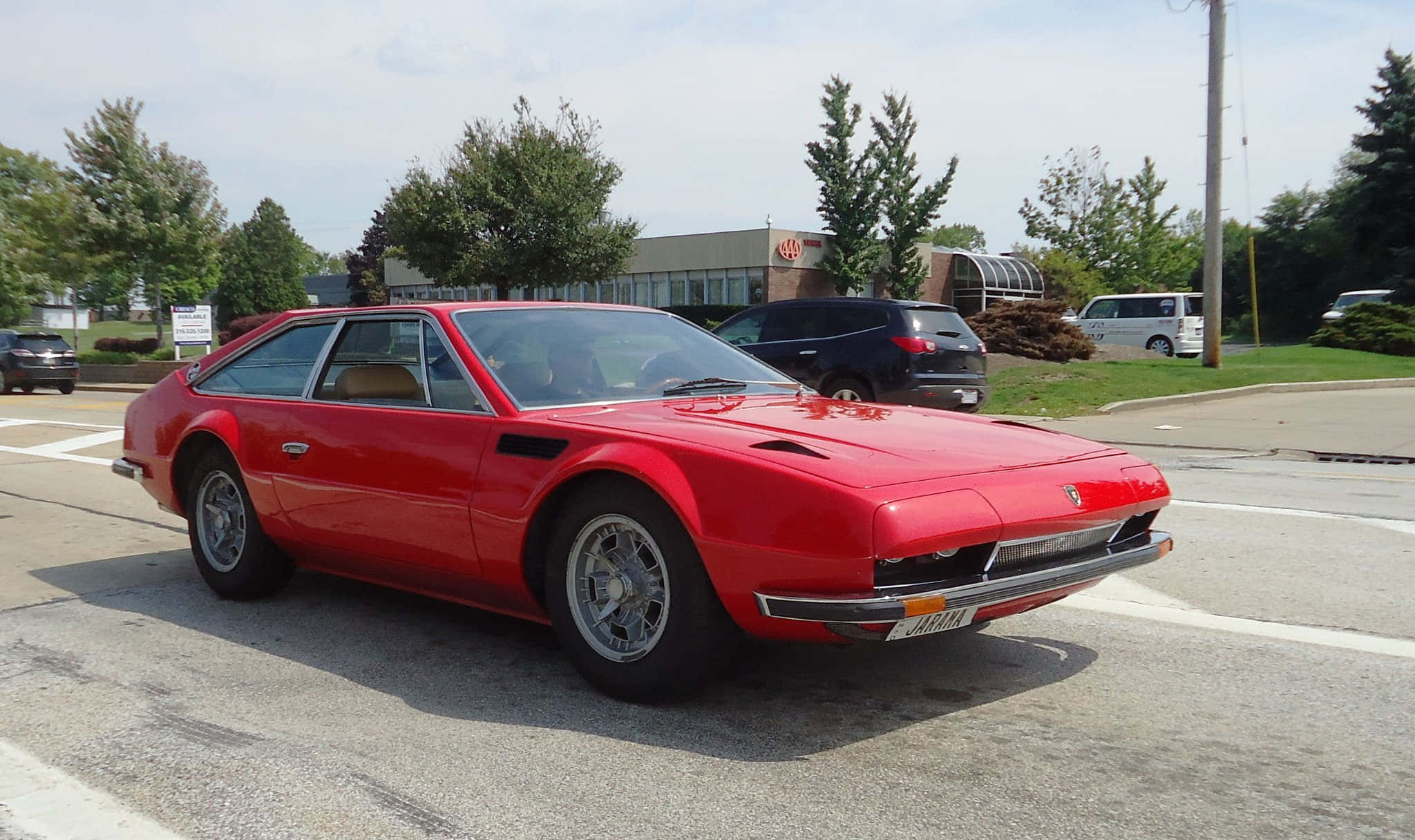 Lamborghini Jarama, vibrant red, sunny street, Full HD Desktop Wallpaper