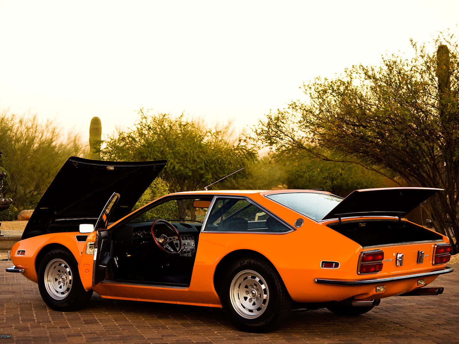 Lamborghini Jarama, vibrant orange, open hood, HD Desktop Wallpaper