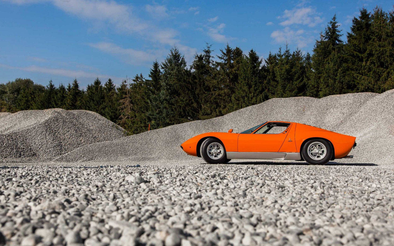 Lamborghini Miura, orange, gravel road, HD Desktop Wallpaper