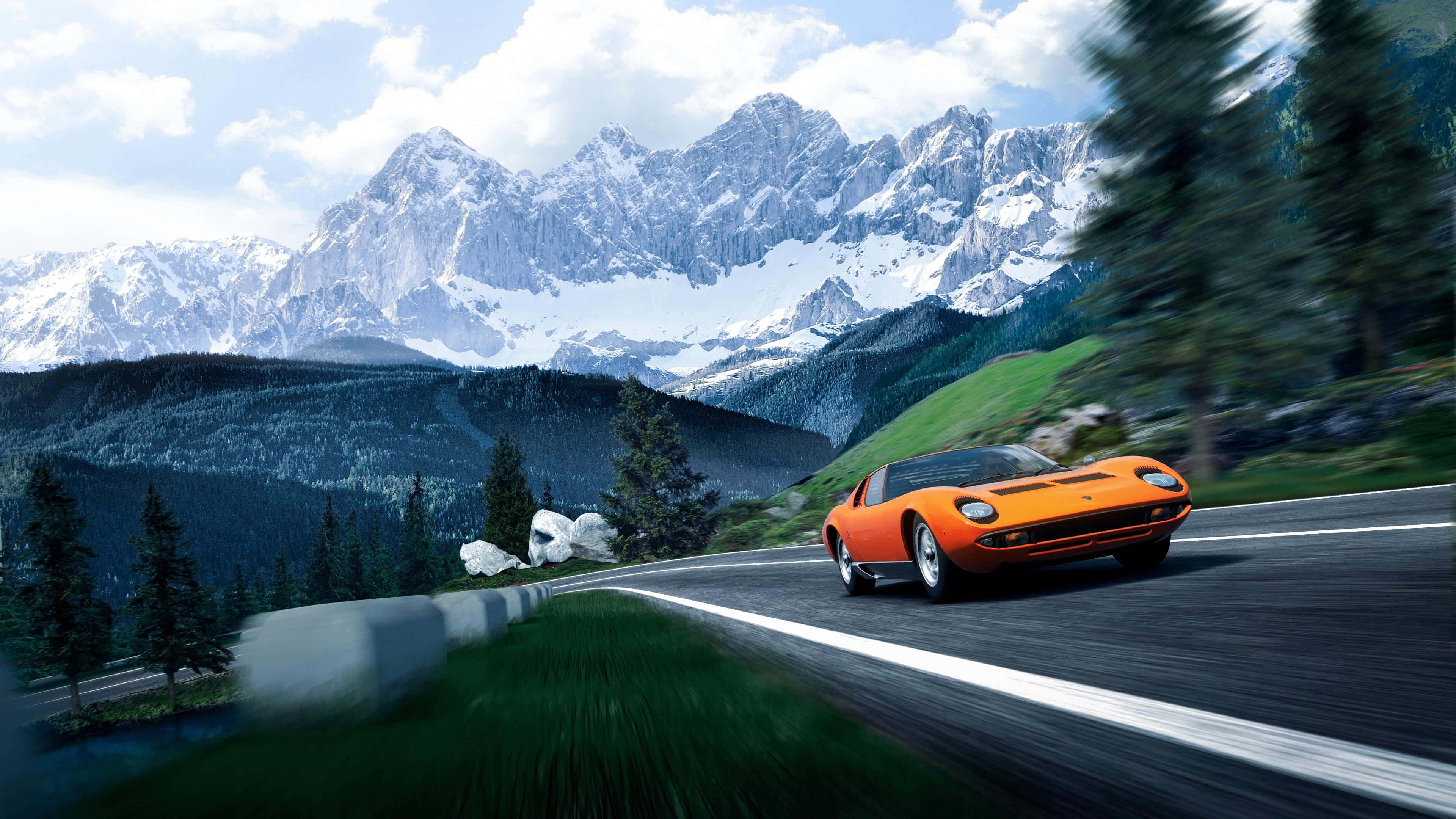 Lamborghini Miura, vibrant orange, winding mountain road, 4K Desktop Wallpaper
