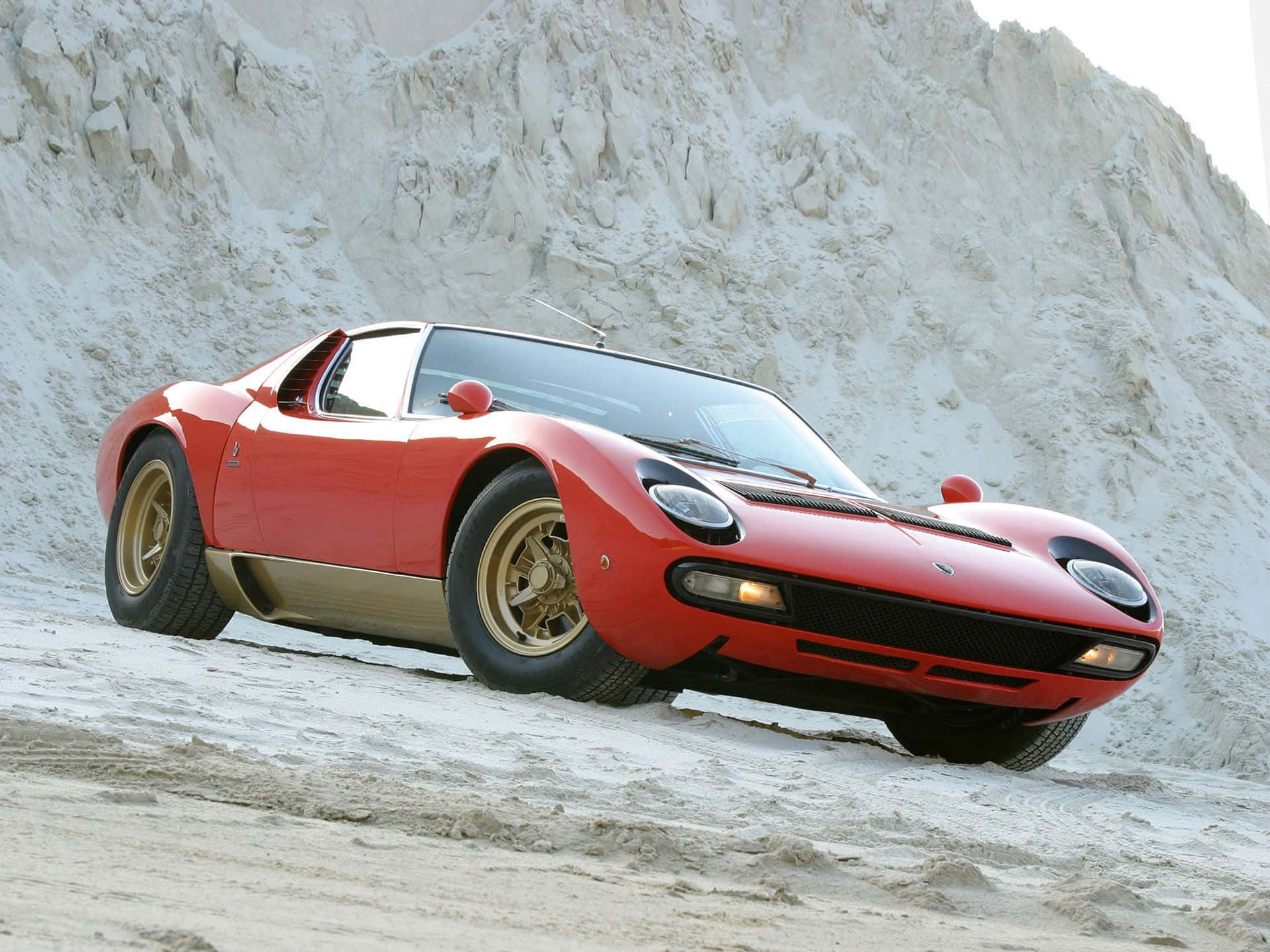 Lamborghini Miura, vibrant red, rugged white sandy slope, Full HD Desktop Wallpaper