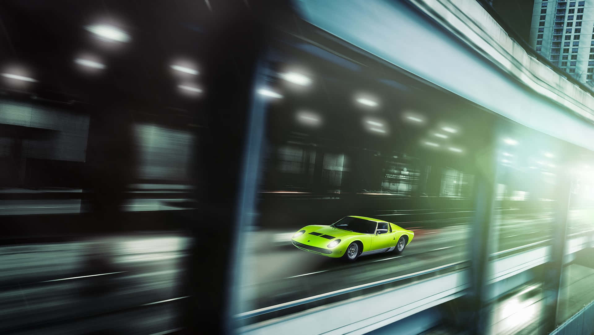 Lamborghini Miura, lime green, glass tunnel, HD Desktop Wallpaper