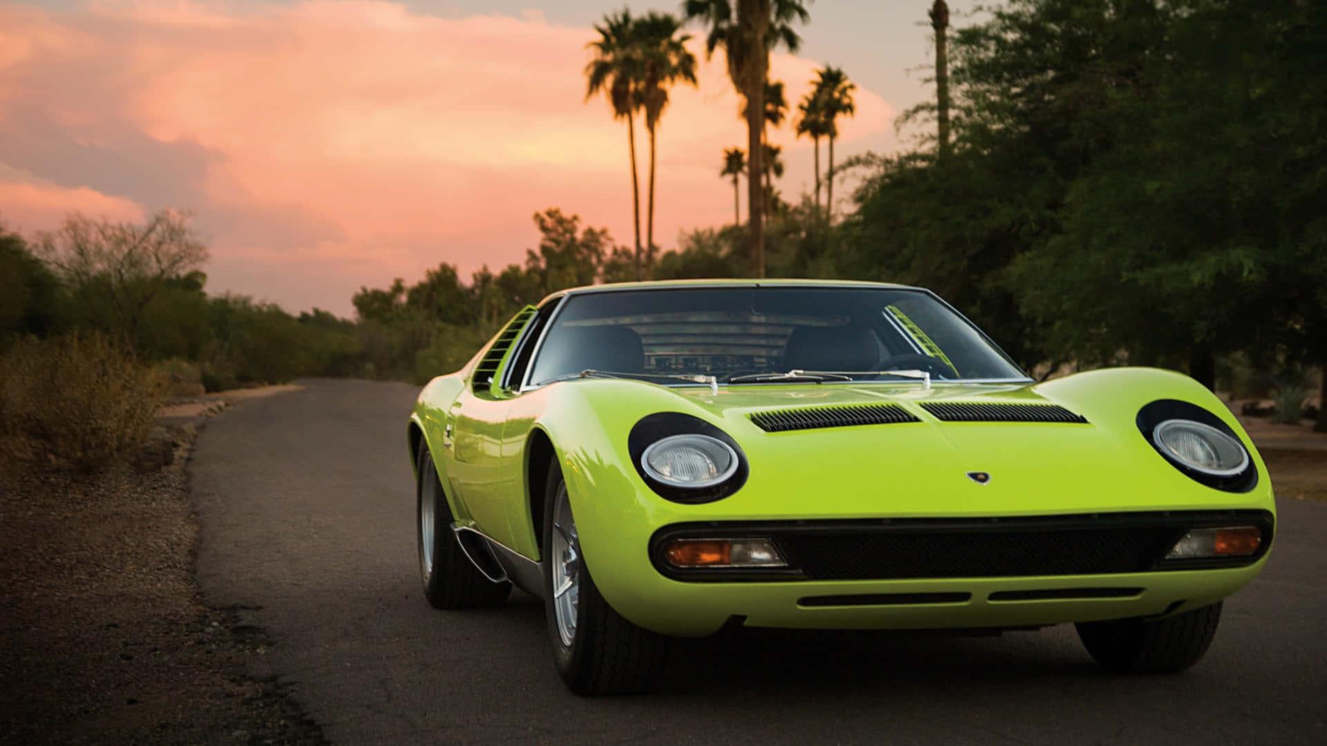 Lamborghini Miura, lime green, desert road, Full HD Desktop Wallpaper