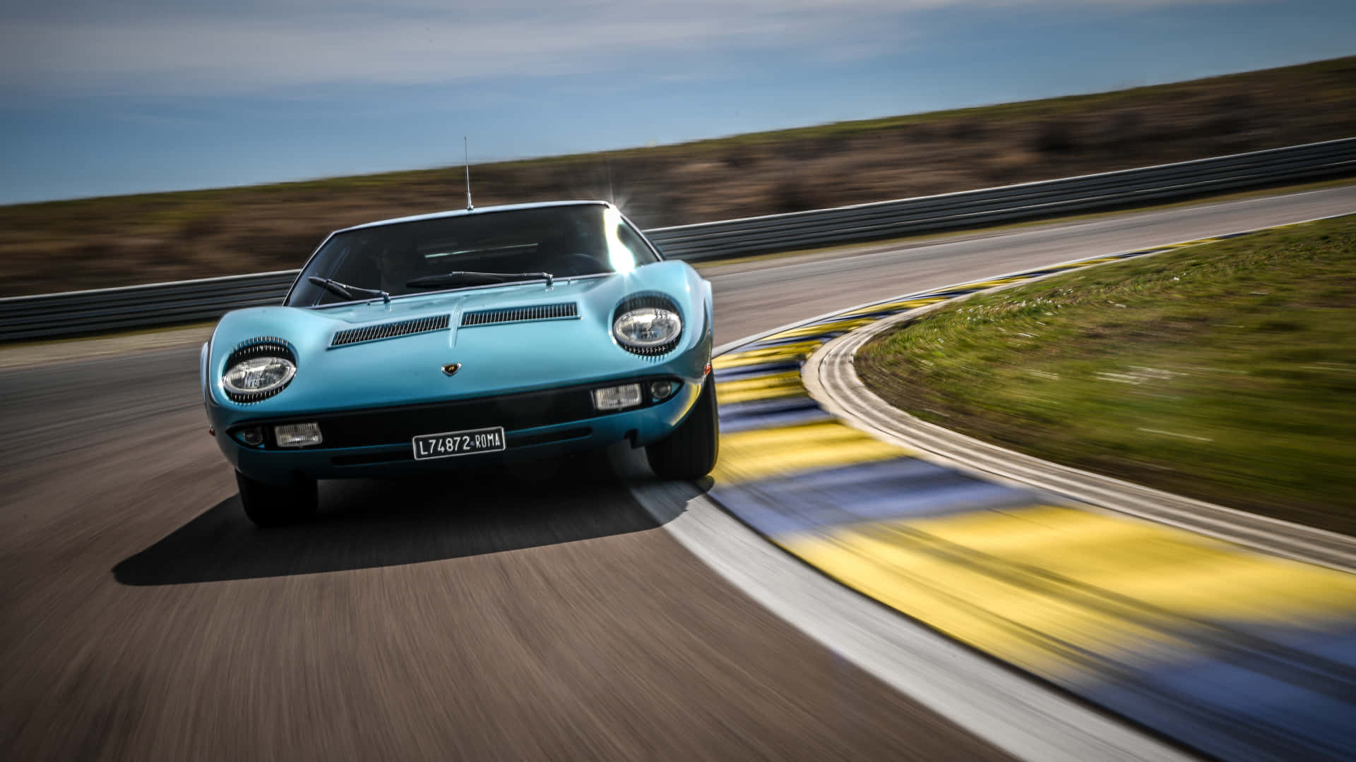 Lamborghini Miura, vibrant blue, racetrack curve, Full HD Desktop Wallpaper