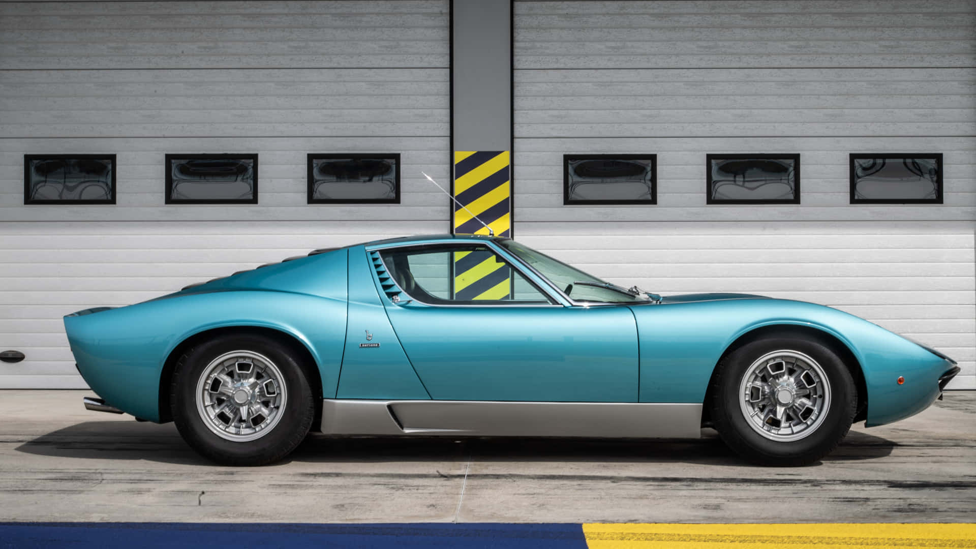 Lamborghini Miura, turquoise, gray industrial garage door, Full HD Desktop Wallpaper
