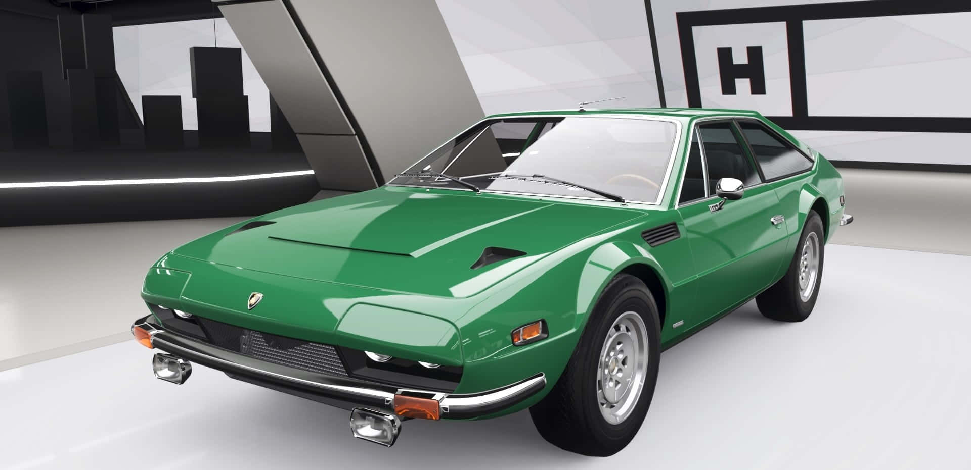 Lamborghini Miura, glossy green, sleek modern showroom, Full HD Desktop Wallpaper
