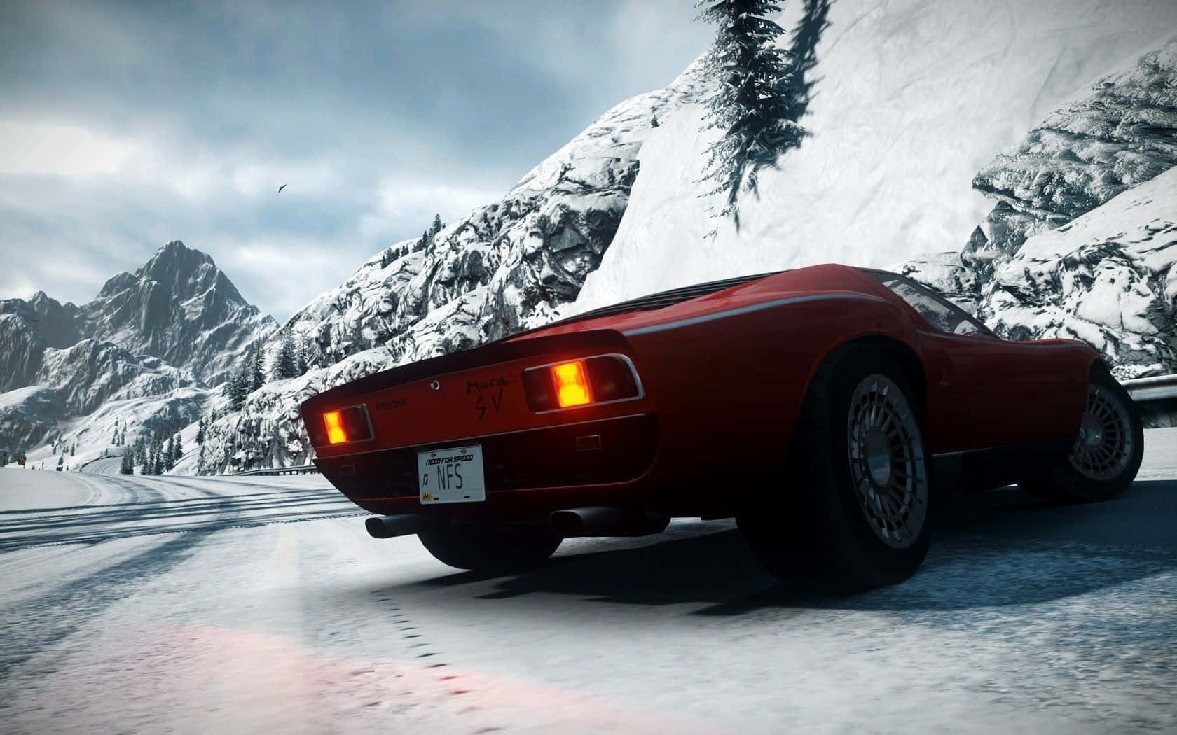 Lamborghini Miura, red, snowy mountain road, HD Desktop Wallpaper