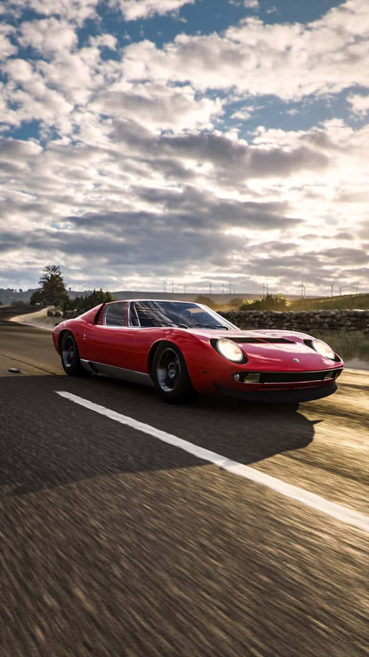 Lamborghini Miura, vibrant red, winding rural road, HD Phone Wallpaper