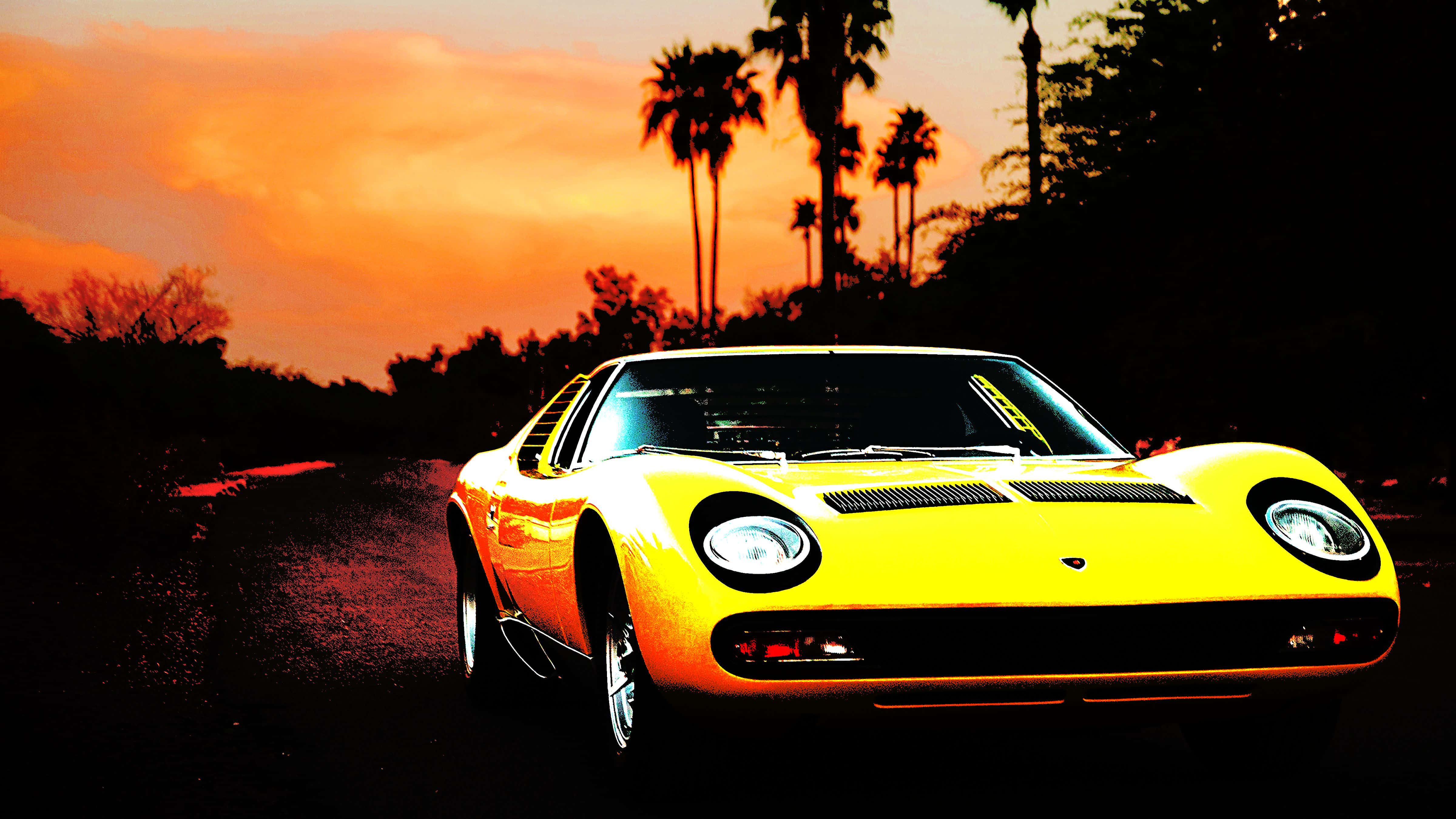 Lamborghini Miura, vibrant yellow, fiery orange sunset, 4K Desktop Wallpaper
