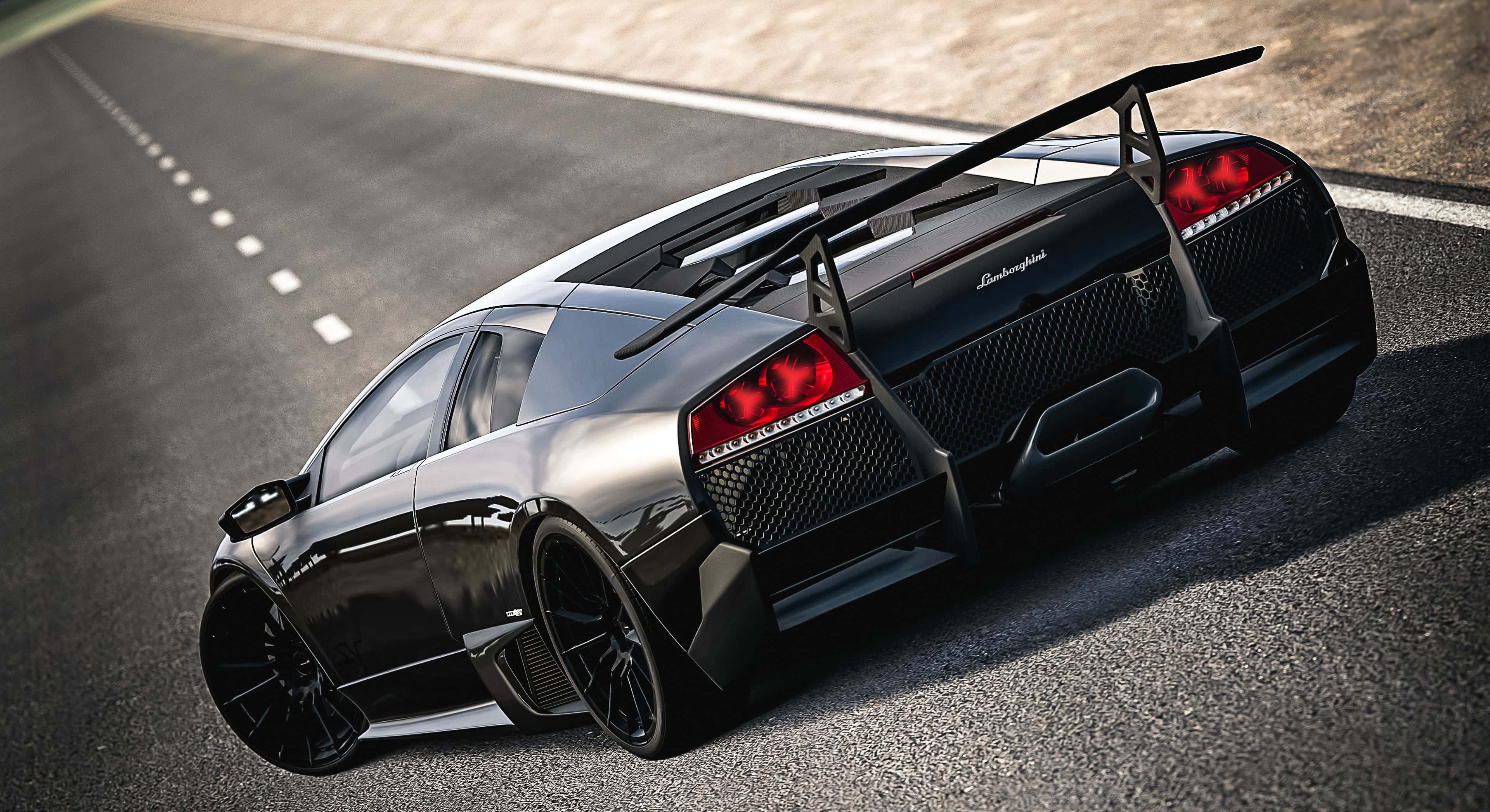 Lamborghini Murciélago, sleek black, glowing red taillights, 4K Desktop Wallpaper