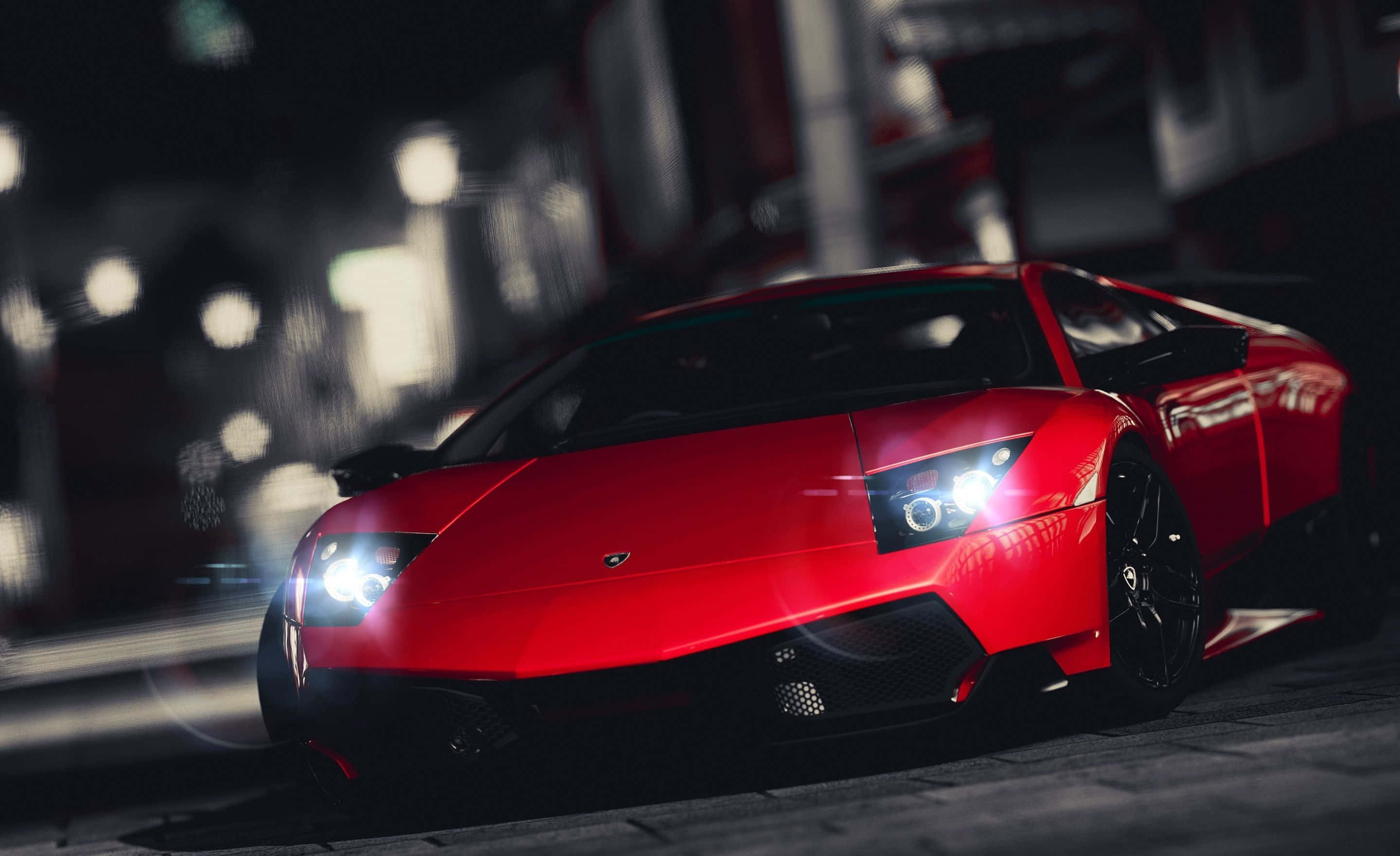 Lamborghini Murciélago, vibrant red, city lights, 2K Desktop Wallpaper