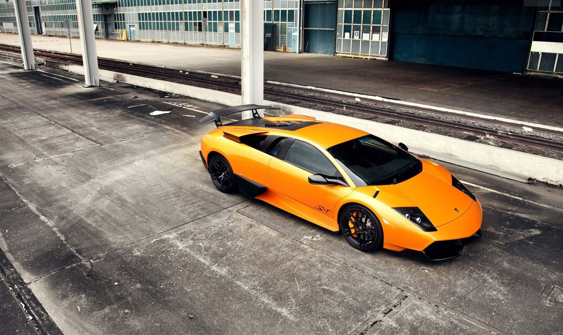 Lamborghini Murciélago, orange, cracked concrete, HD Desktop Wallpaper