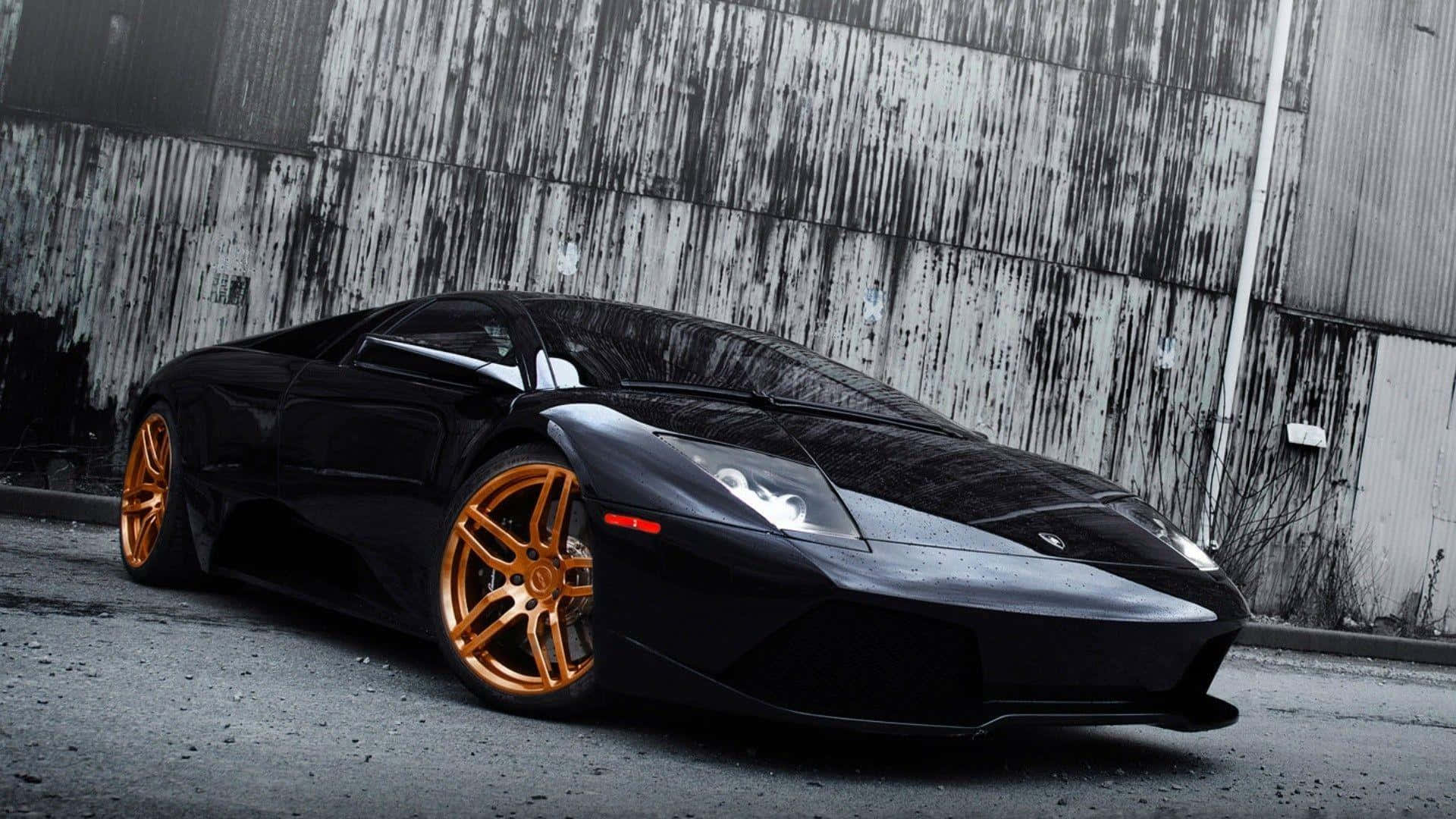 Lamborghini Murciélago, black, gold rims, Full HD Desktop Wallpaper