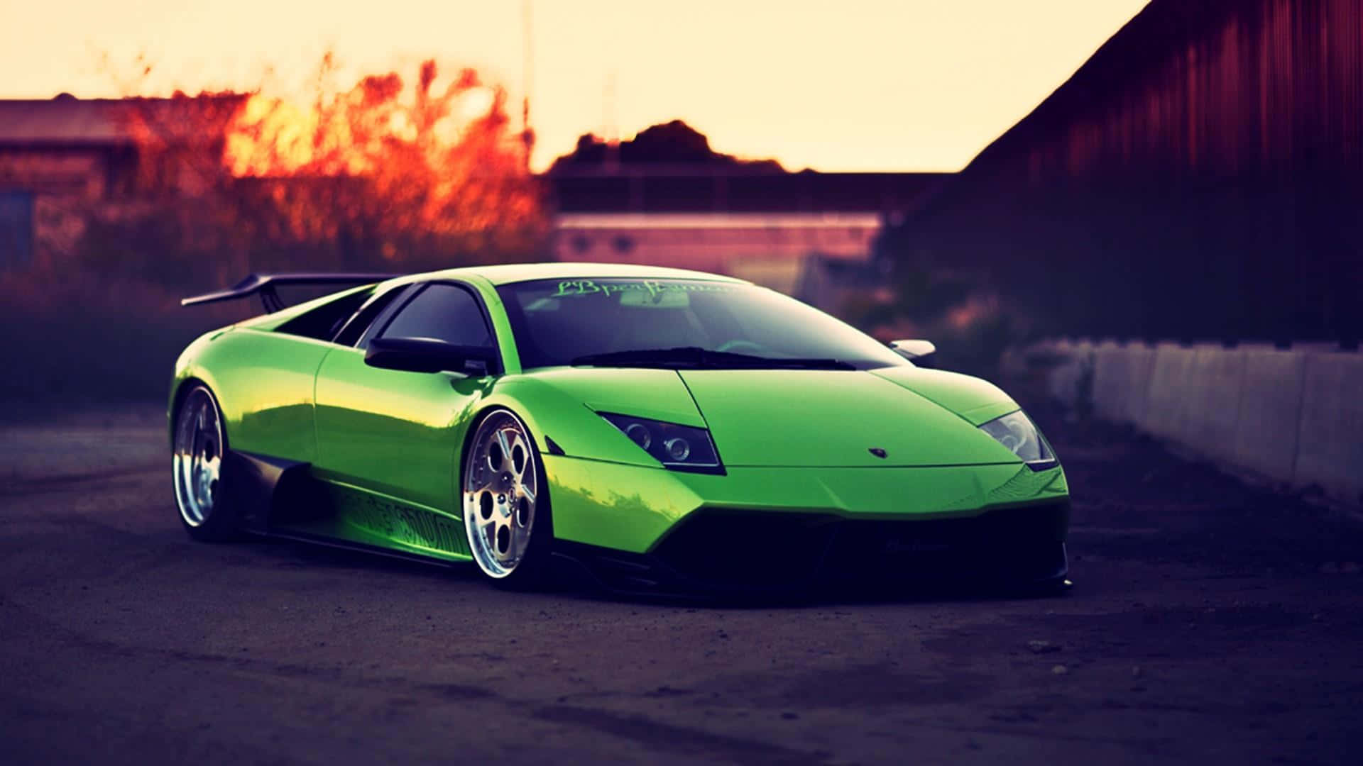 Lamborghini Murciélago, vibrant green, fiery sunset, Full HD Desktop Wallpaper