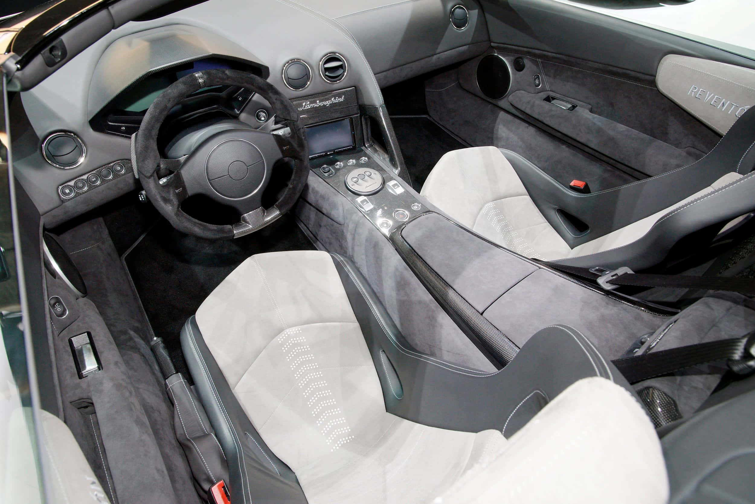 Lamborghini Reventón, gray suede seats, black carbon fiber accents, Full HD Desktop Wallpaper