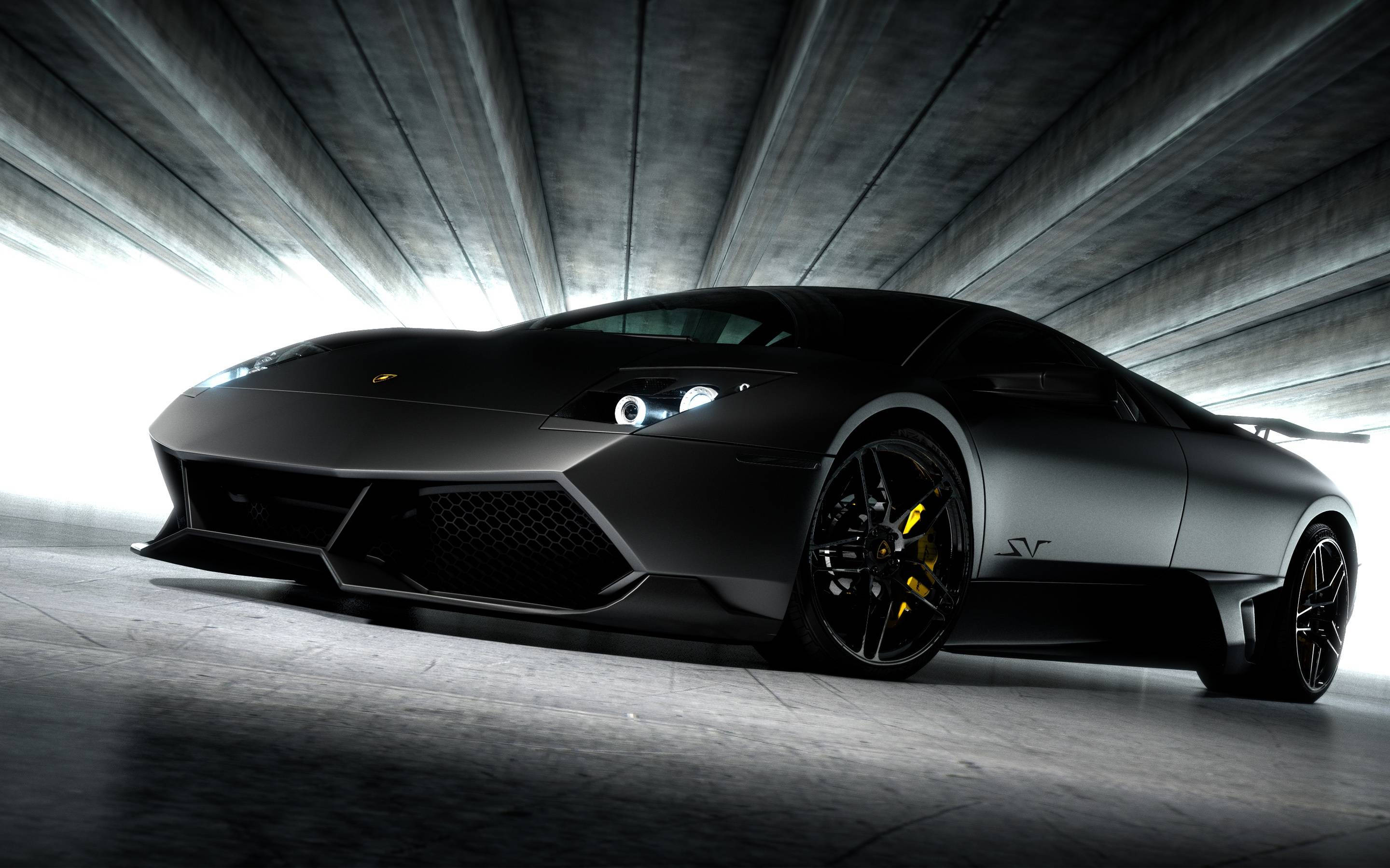 Lamborghini, sleek matte black, yellow brake calipers, 2K Desktop Wallpaper