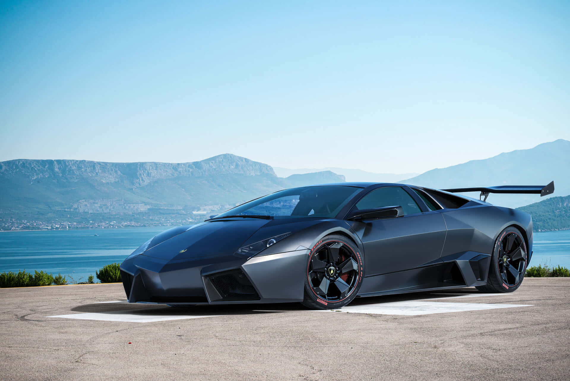 Lamborghini Reventón, matte black, coastal road, Full HD Desktop Wallpaper