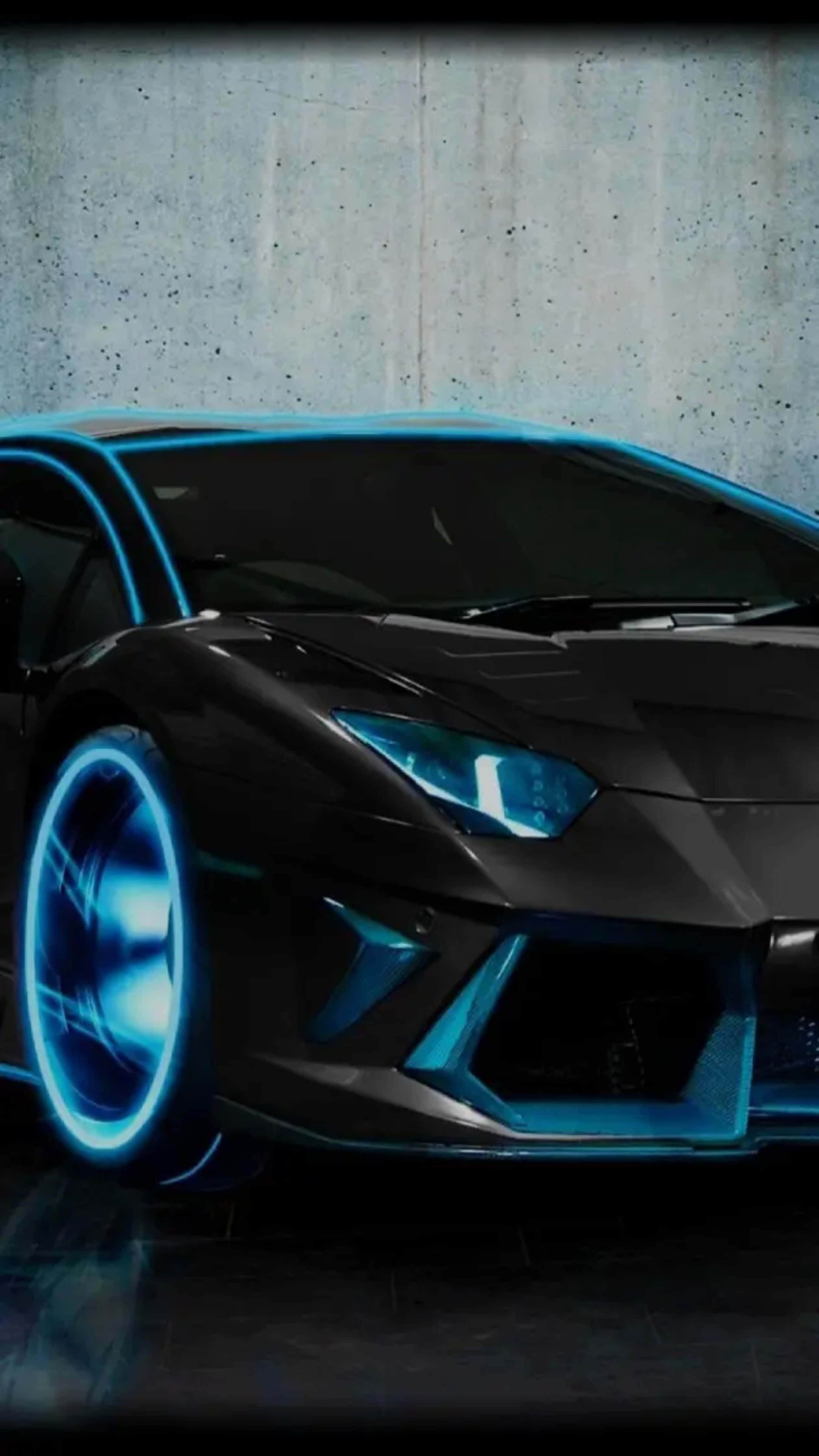 Lamborghini, neon trimmed black, glowing blue neon accents, 4K Phone Wallpaper