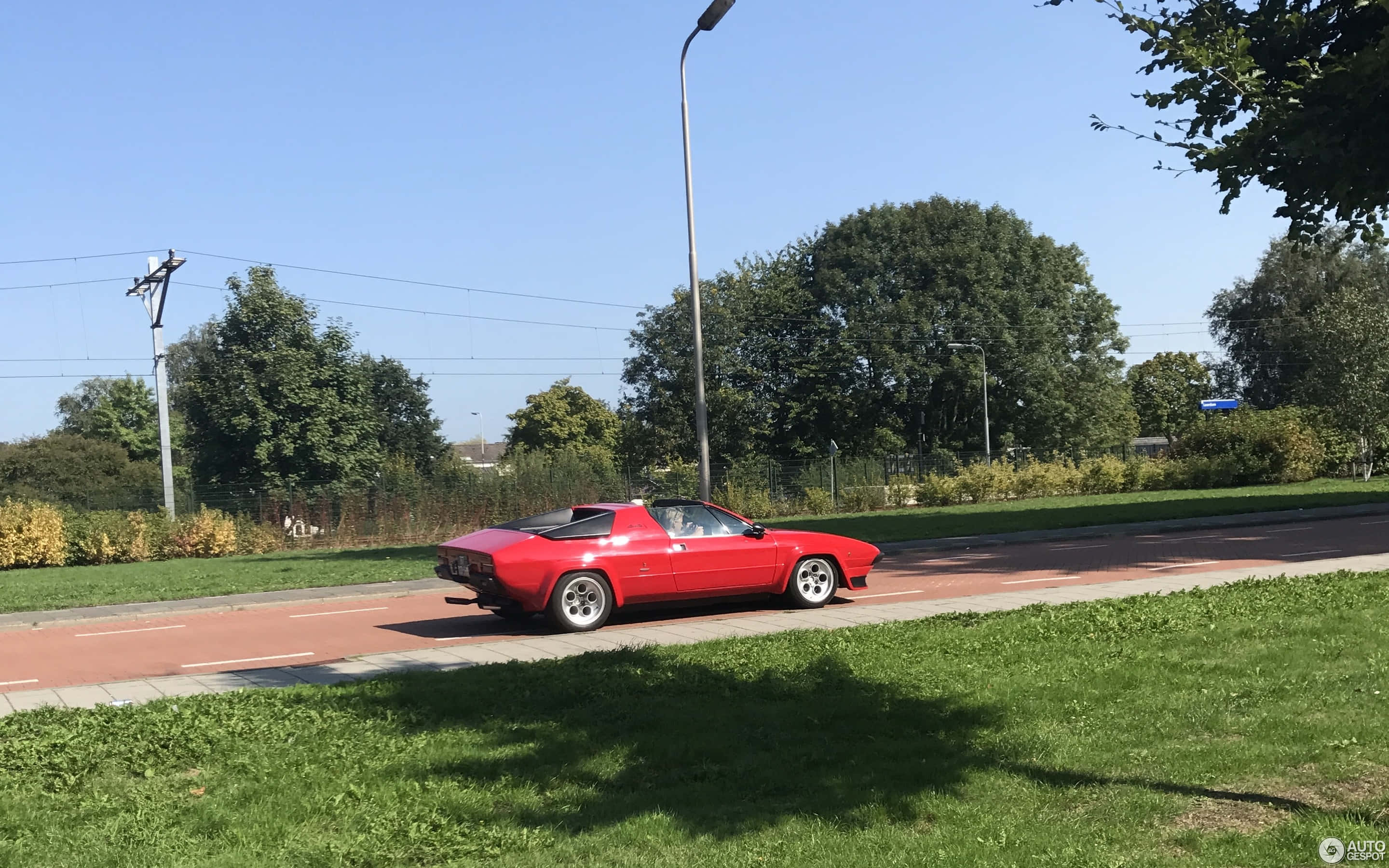 Lamborghini Silhouette, vibrant red, tree-lined road, 2K Desktop Wallpaper