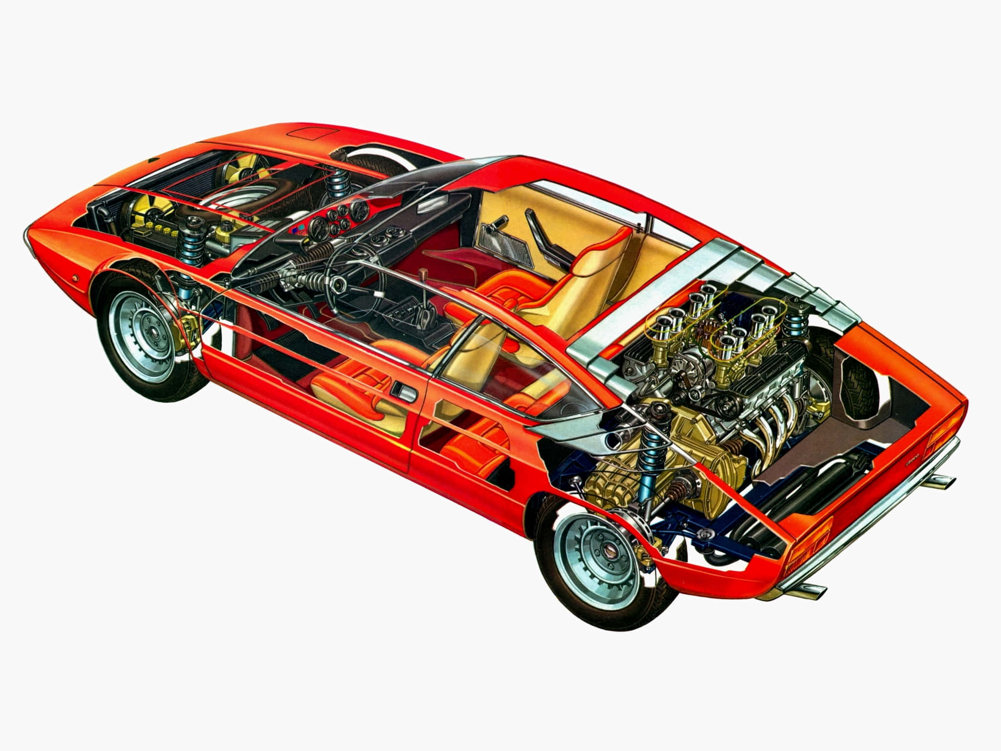 Lamborghini Urraco, vibrant red, cutaway illustration, Full HD Desktop Wallpaper