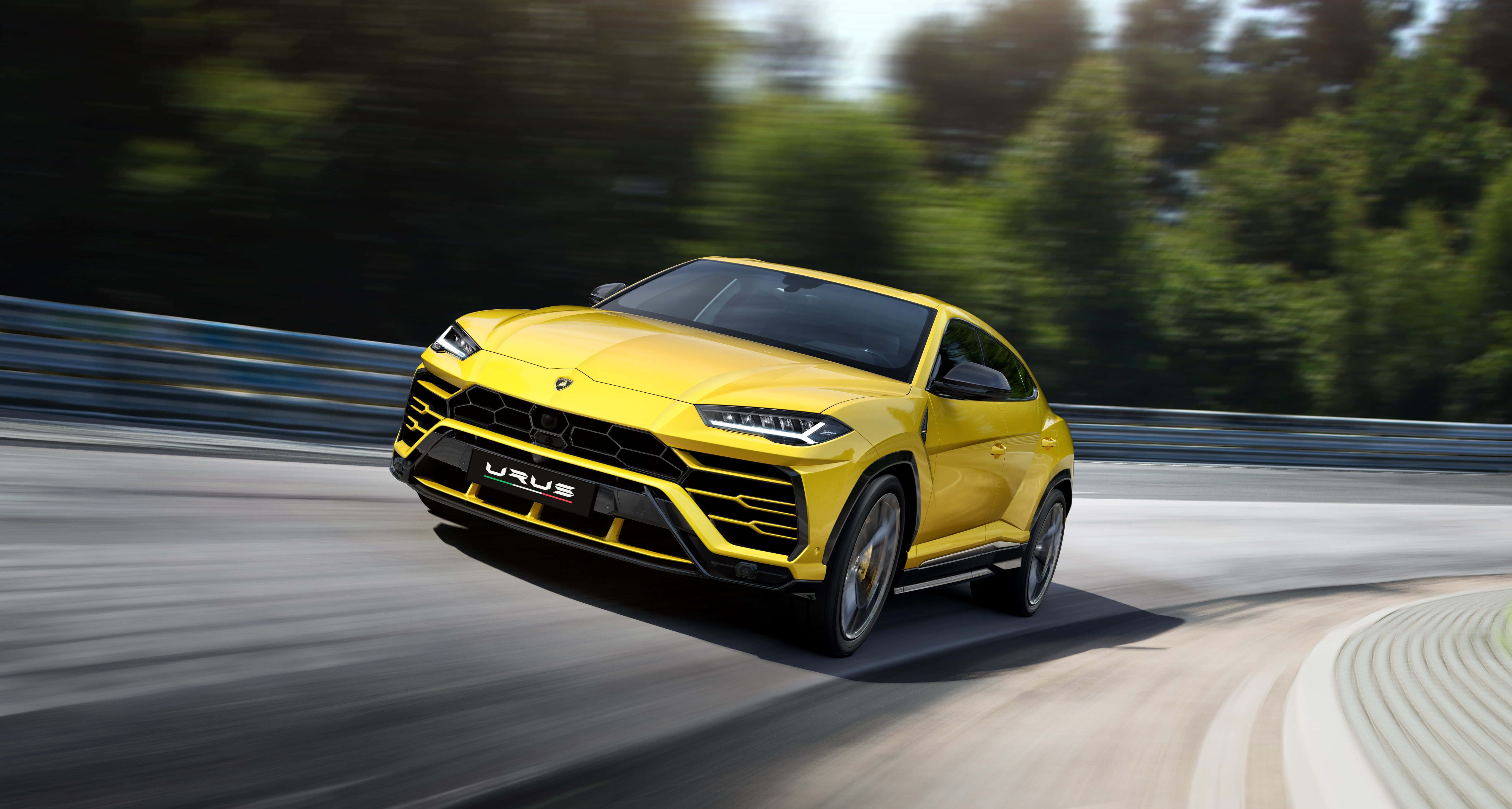 Lamborghini Urus, vibrant yellow, curved racetrack, 5K Desktop Wallpaper